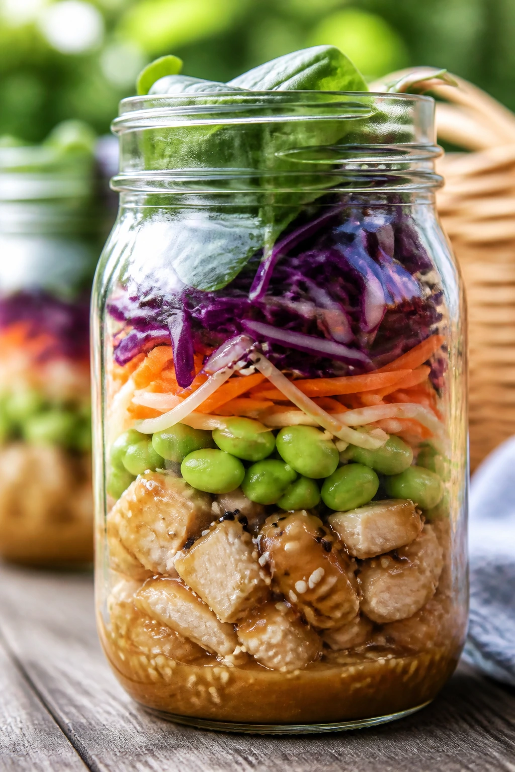 Jar of sesame ginger chicken salad with visible dressing at bottom