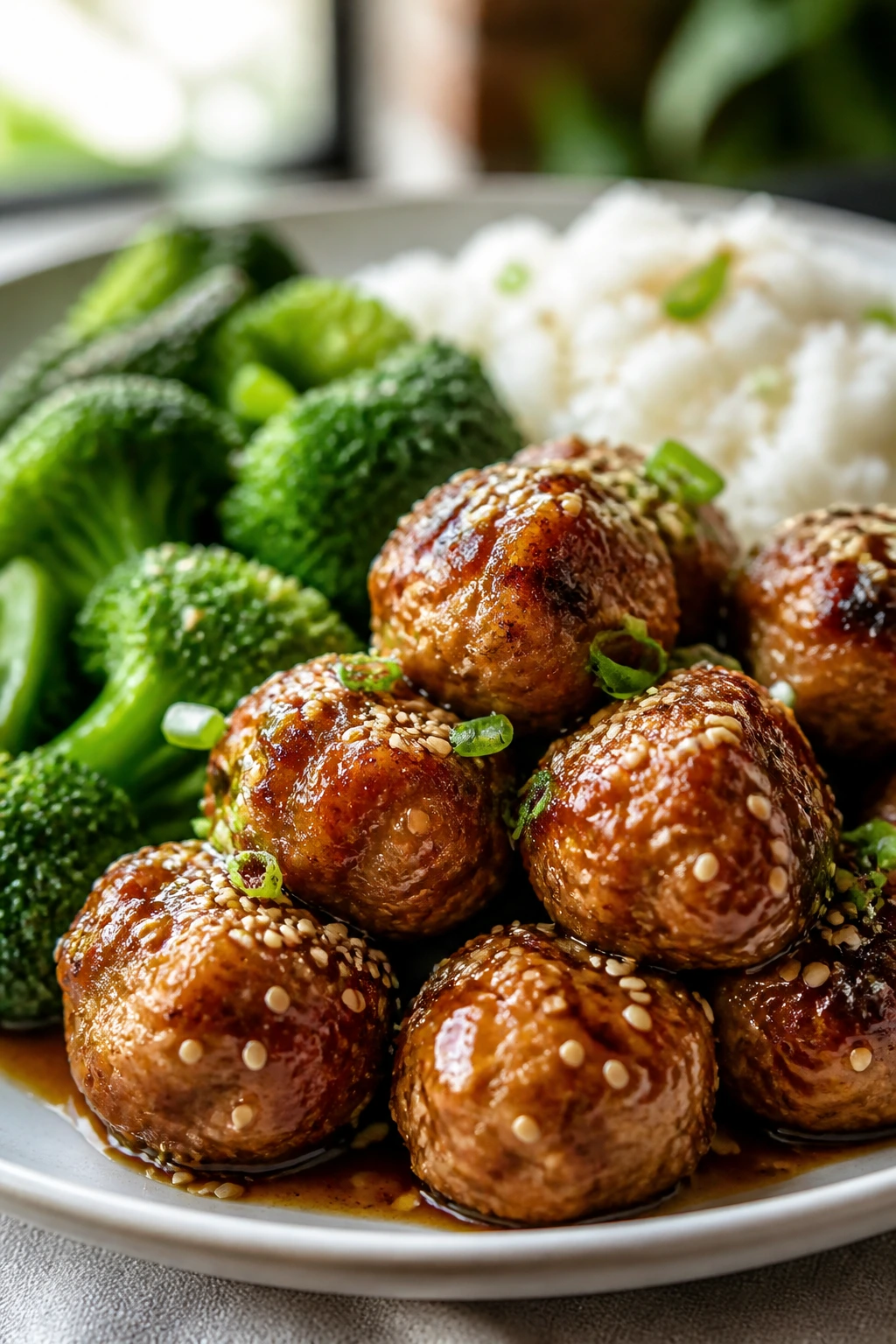 Close-up of sesame ginger chicken meatballs with broccoli and rice