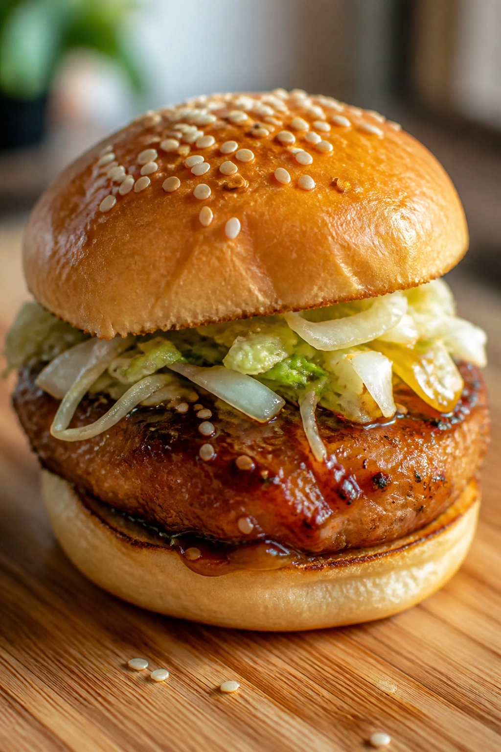 Close-up of sesame-ginger chicken slider with slaw on wooden board