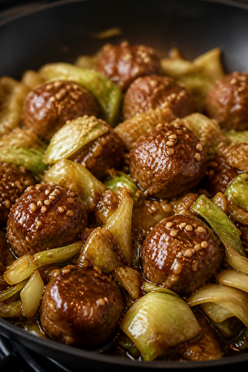 Close-up of sesame-ginger meatballs with cabbage in a skillet.