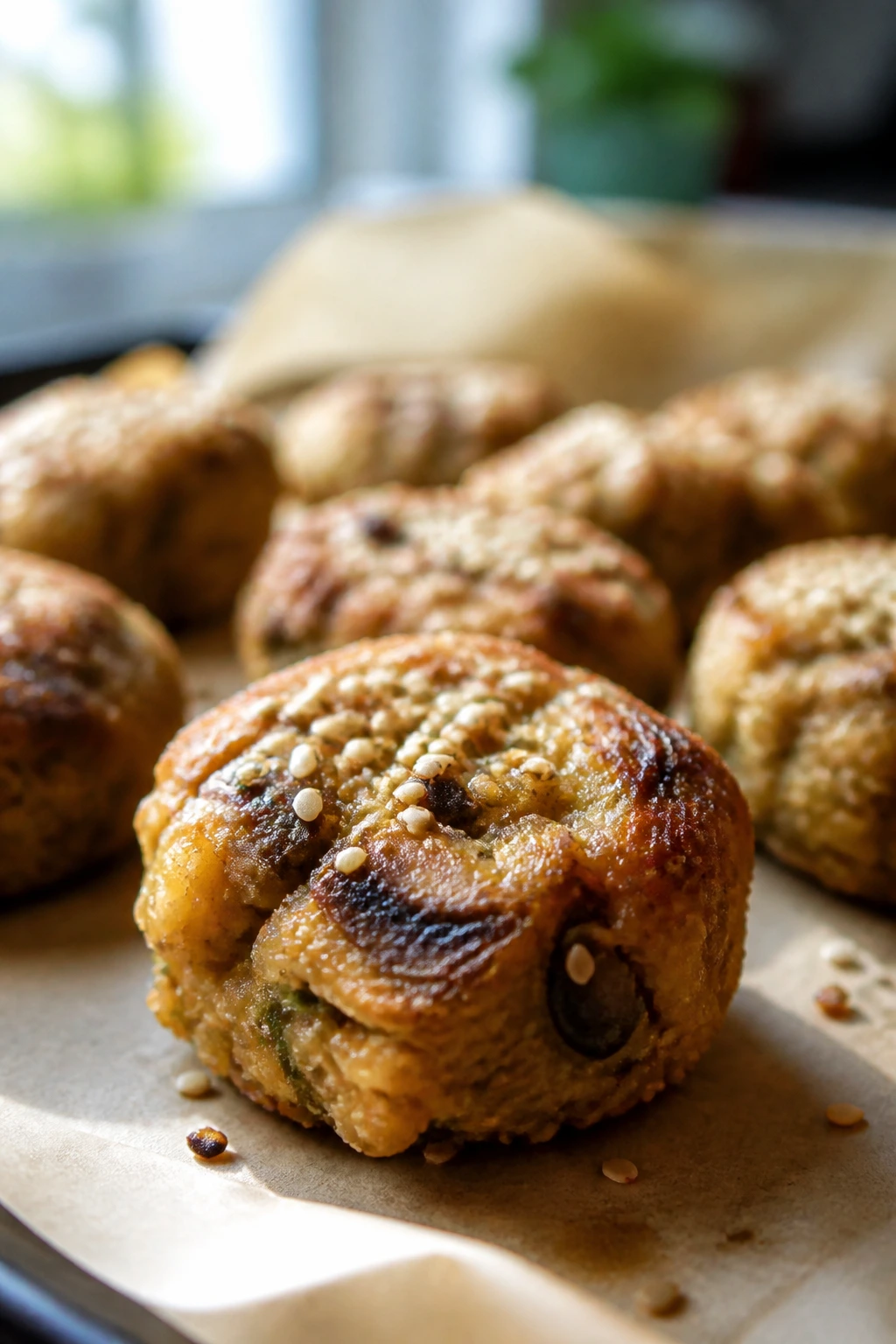Close-up of sesame ginger mushroom veggie nugget on parchment in cozy kitchen