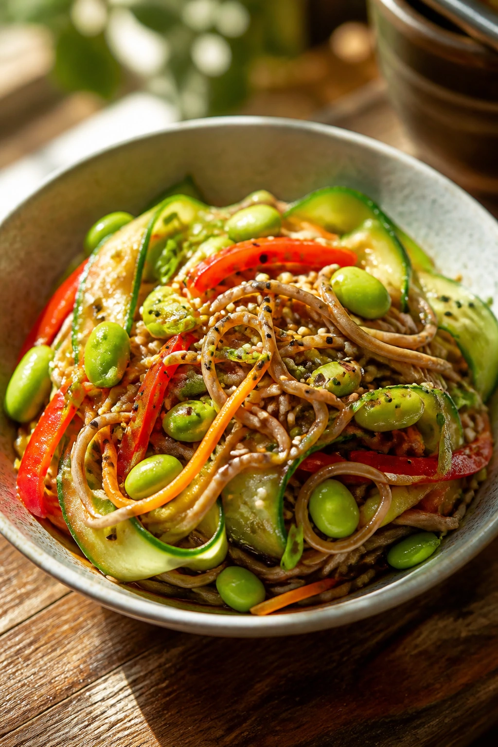 Close-up of sesame ginger noodle bowls with edamame in a sunlit kitchen
