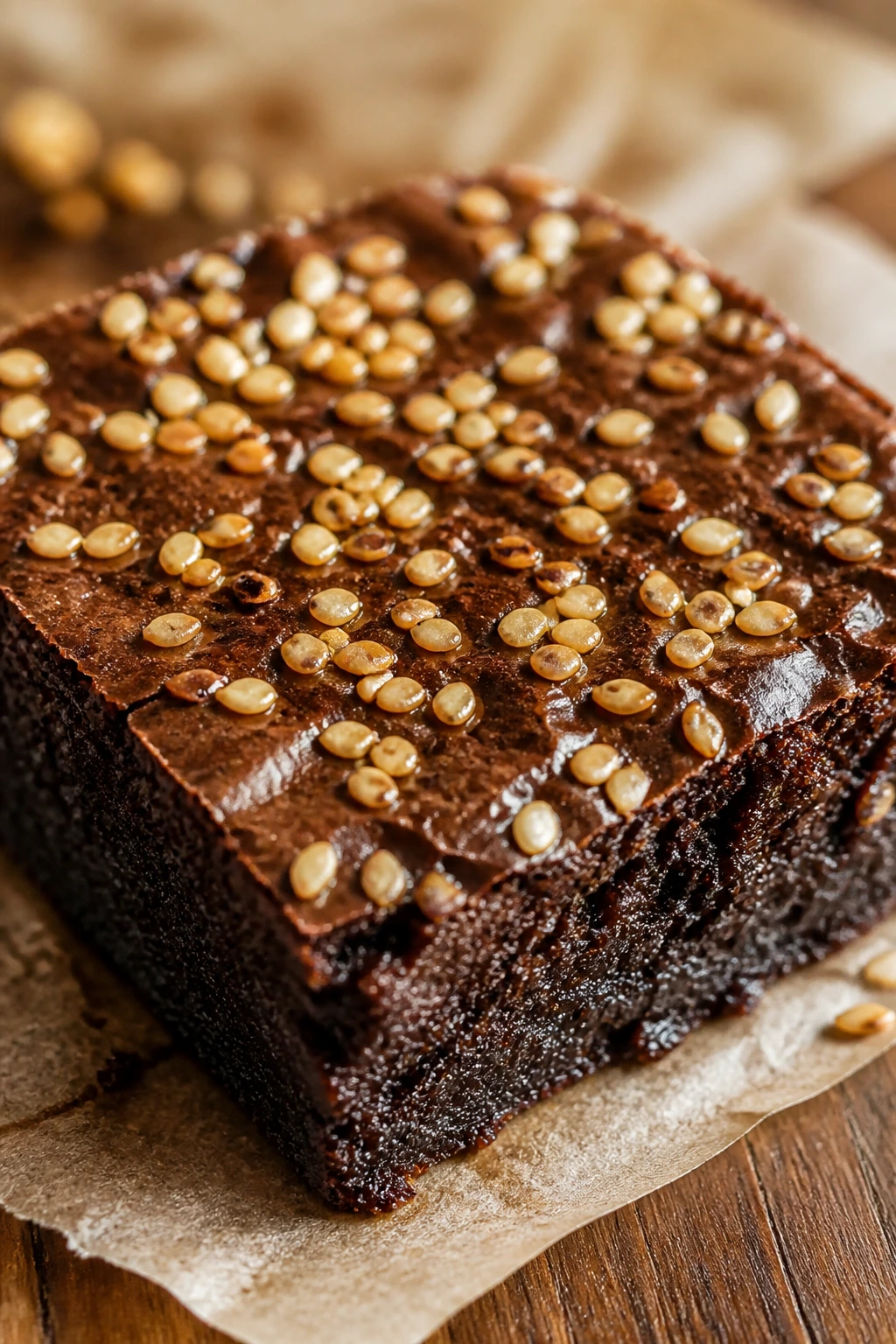 Brownie square with sesame seeds in a sunlit kitchen