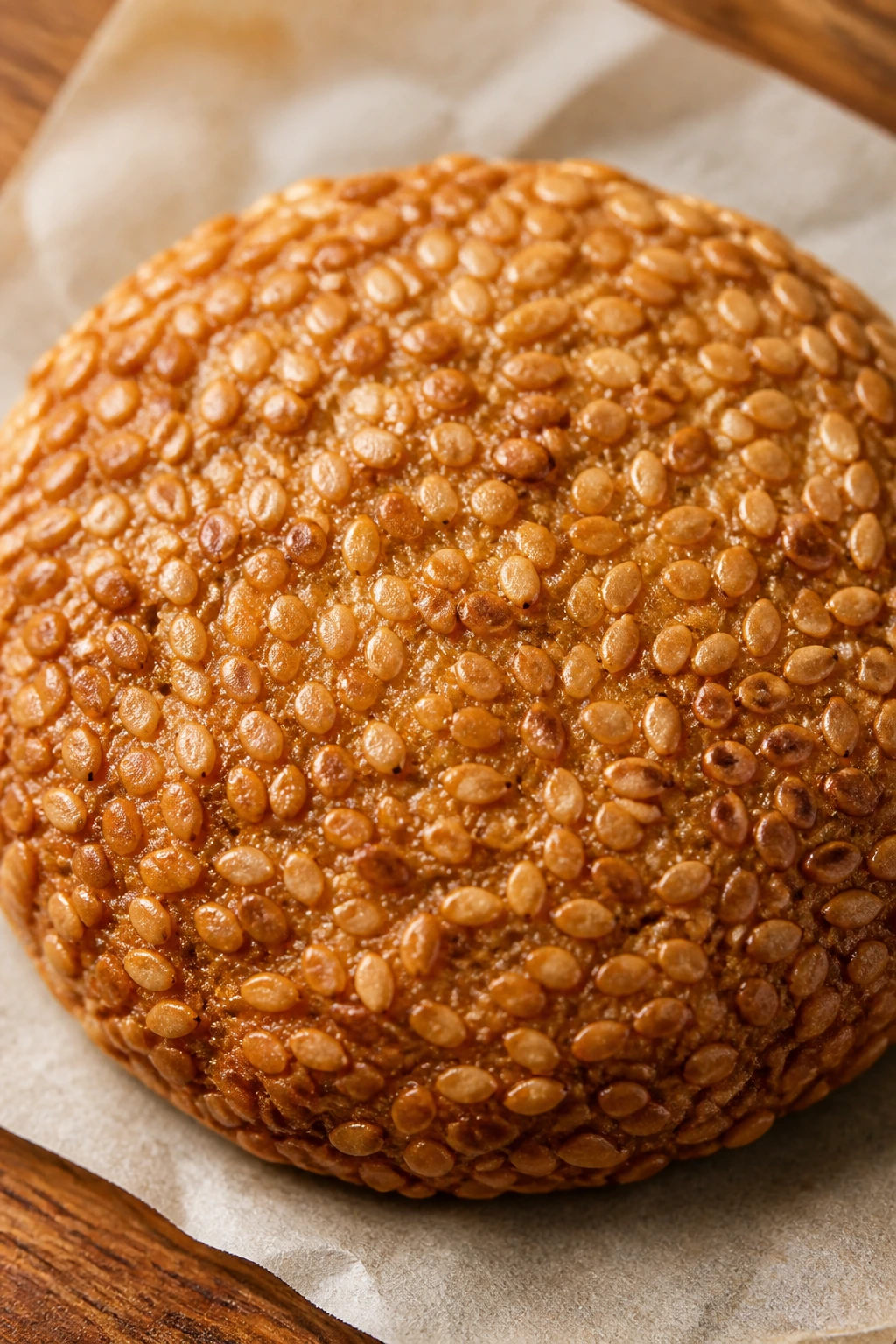 Close-up of a sesame honey cookie on parchment in a warm kitchen