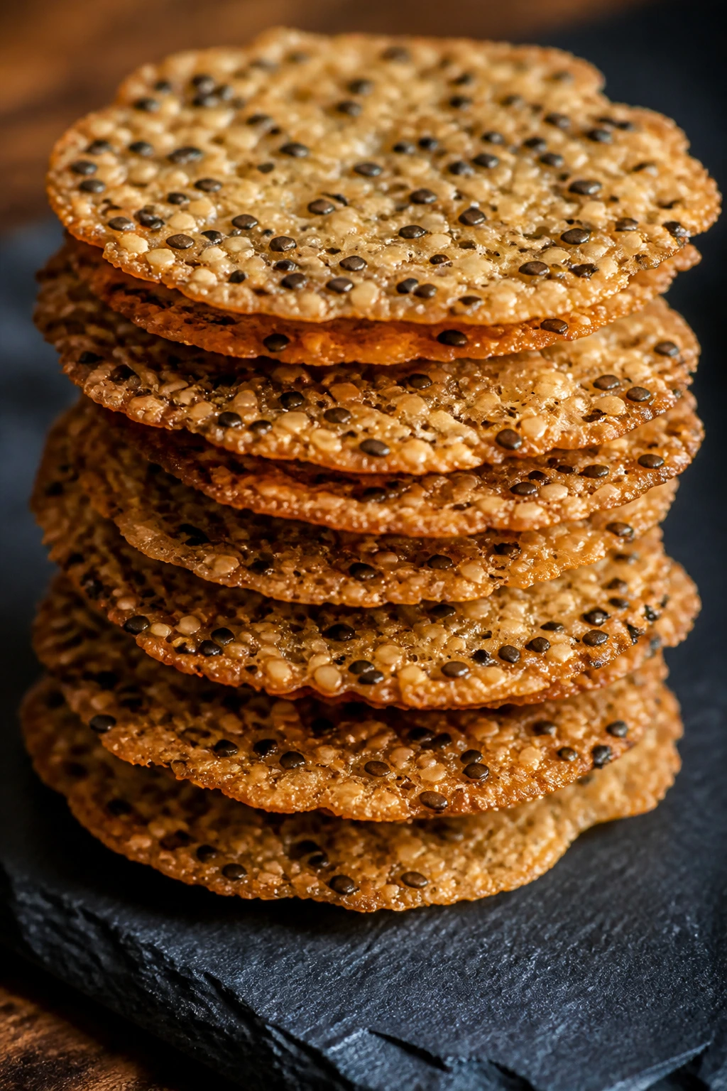 Ultra-thin sesame lace cracker rounds stacked on slate