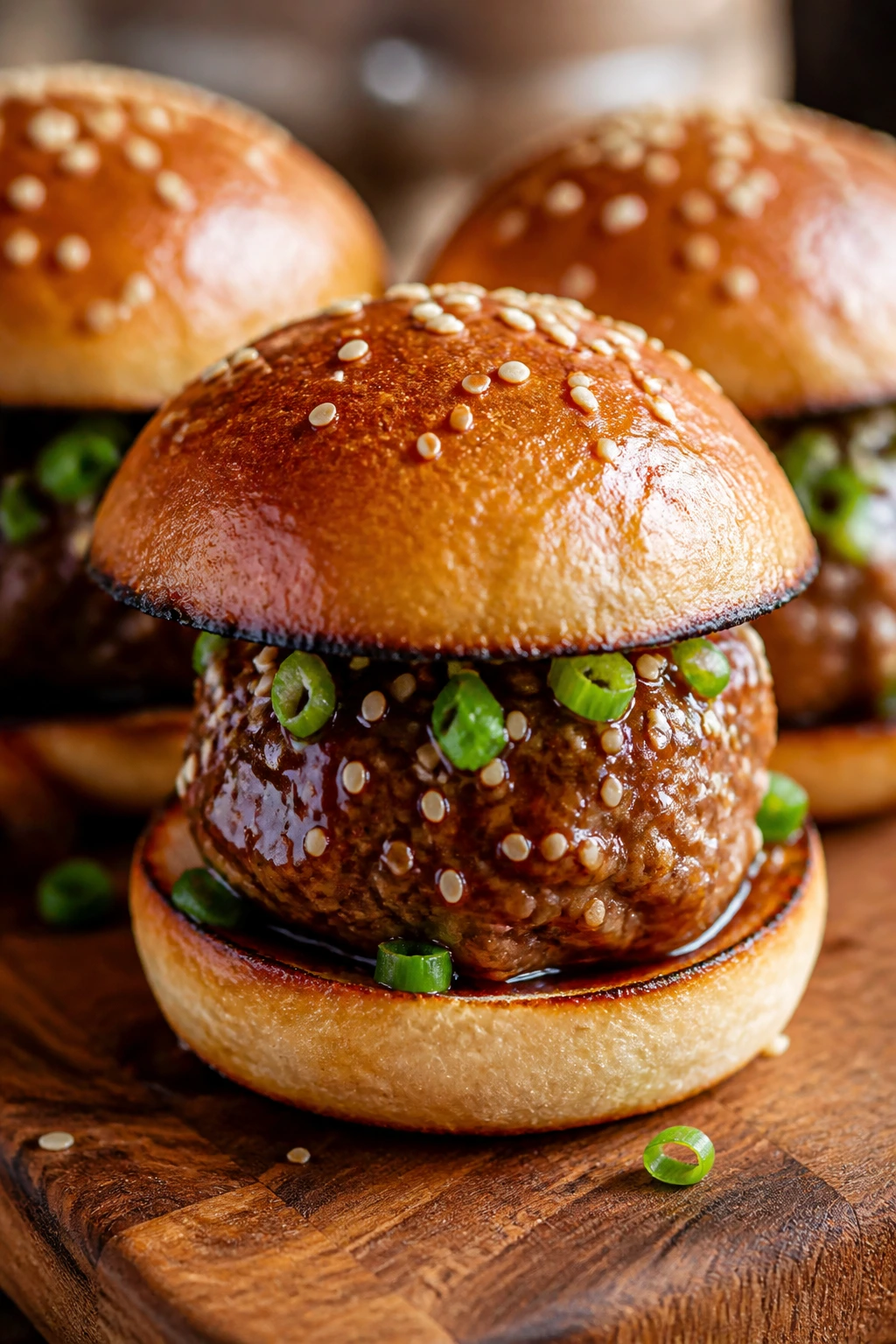 Sesame-glazed meatball slider on a toasted bun with sesame seeds