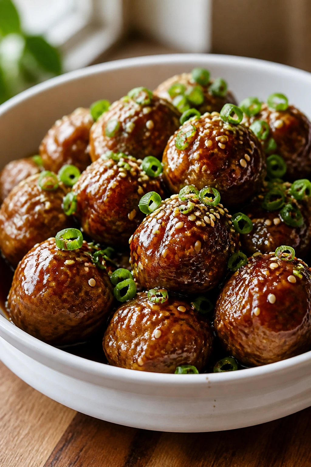Sesame Meatballs with Scallions: glossy sesame-coated meatballs in a white bowl on a wooden counter.