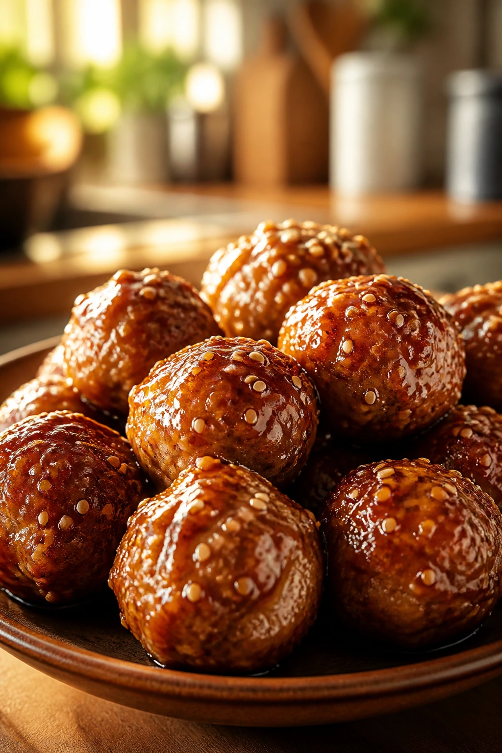 Close-up of sesame-coated chicken meatballs on a warm kitchen counter