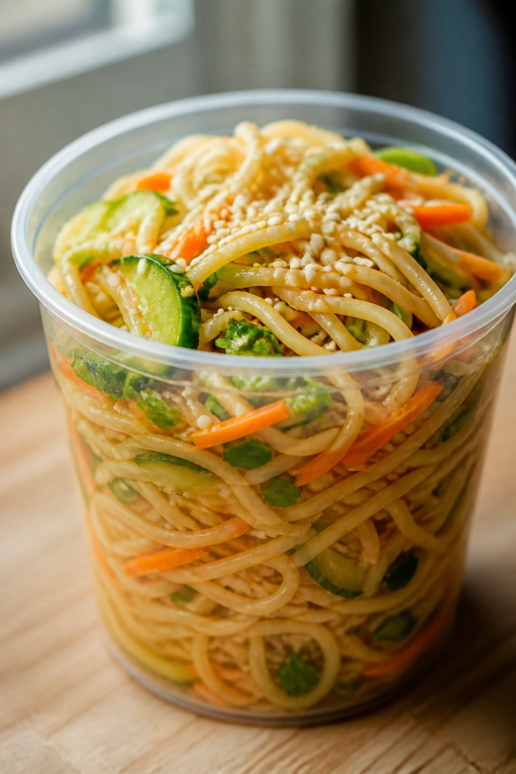 Close-up of sesame noodle lunch cups topped with sesame seeds