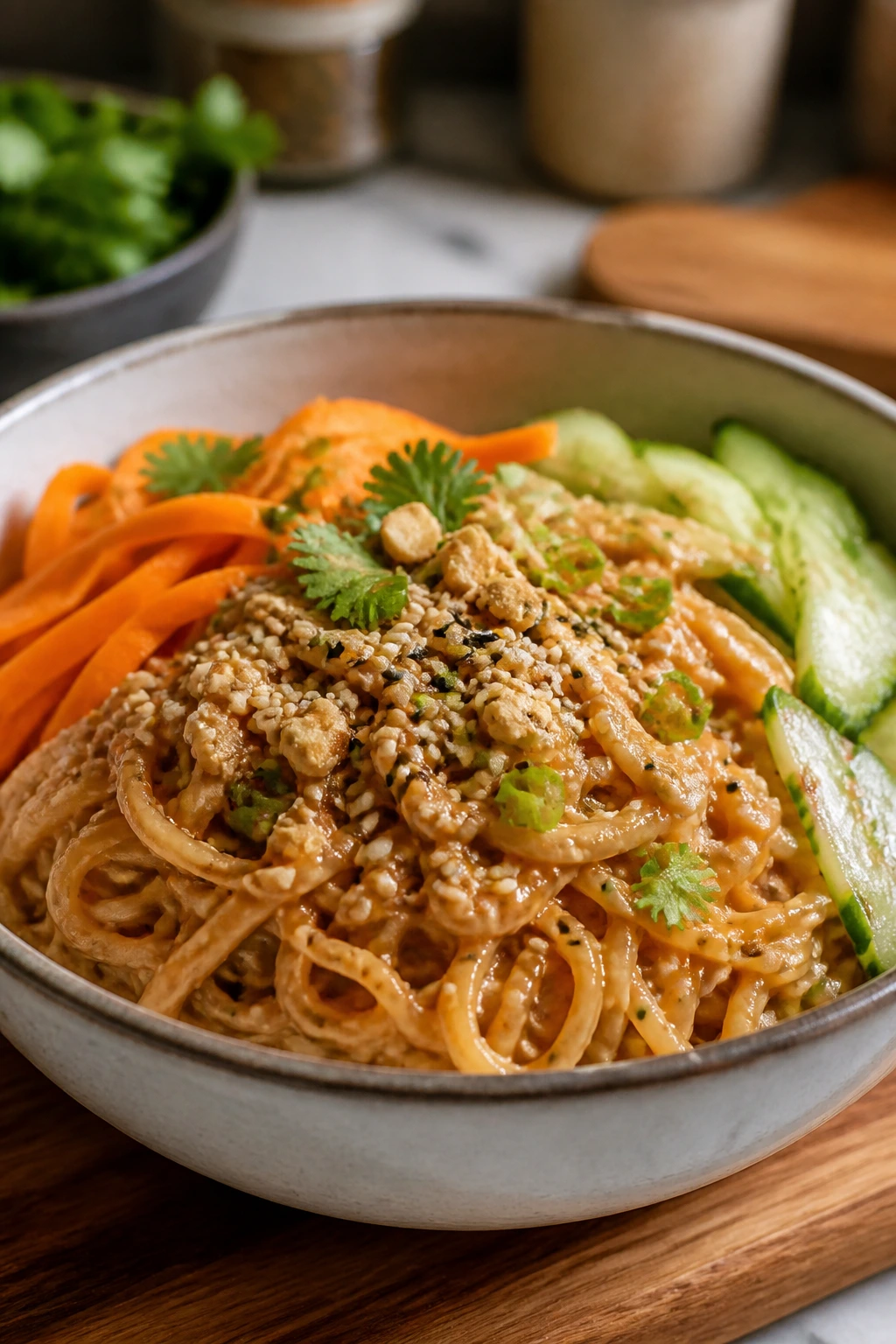 Noodles with peanut sauce and crunchy vegetables in a bowl.