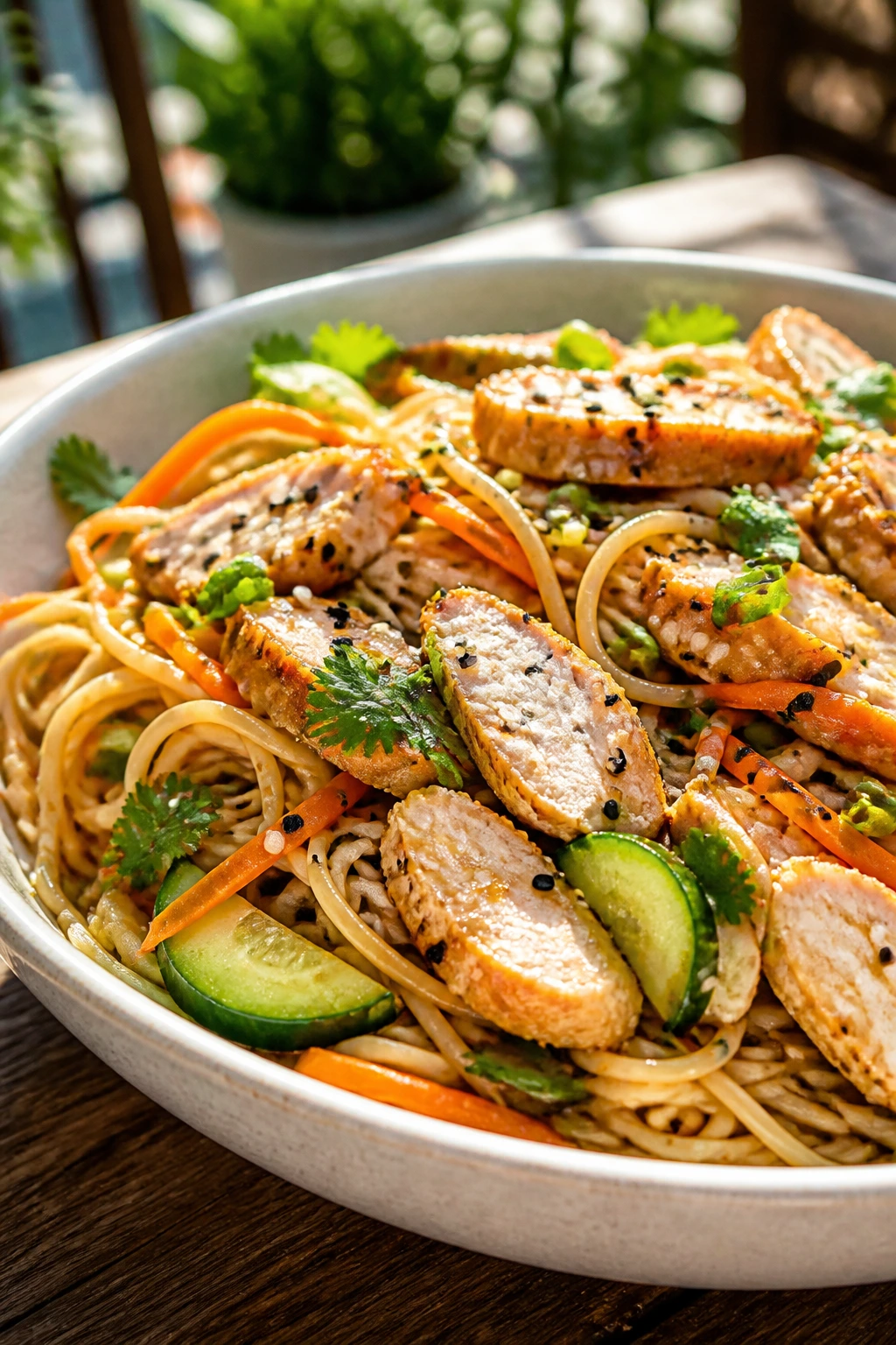 Sesame noodle salad with chicken in a bright bowl