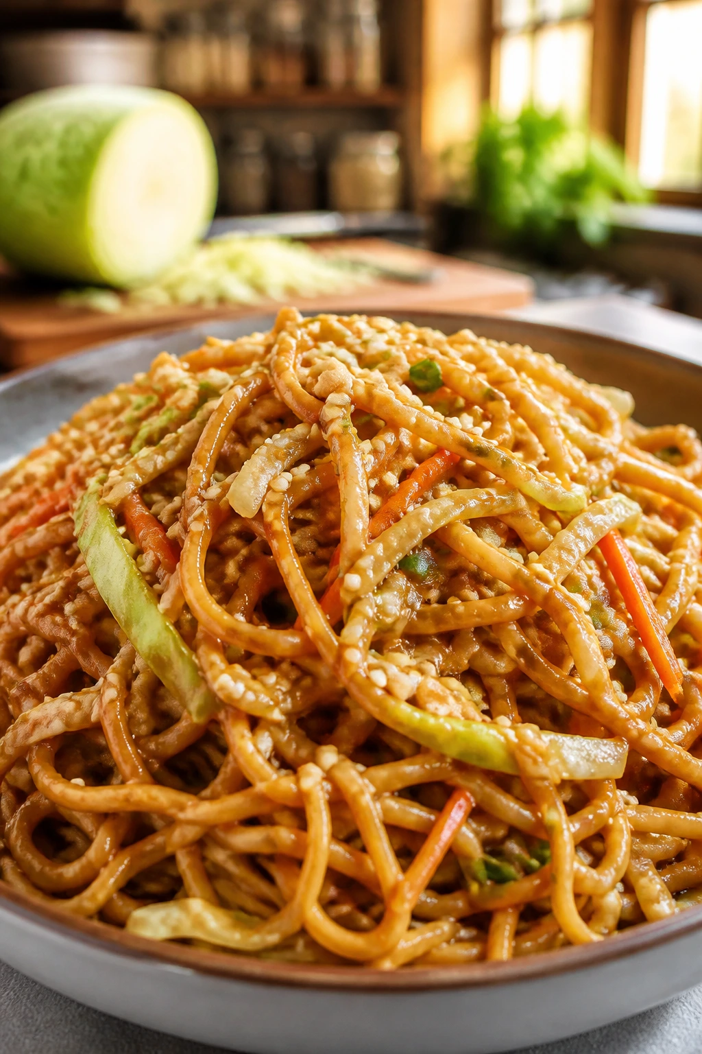 Close-up of sesame peanut noodles with cabbage and carrot in a steaming bowl