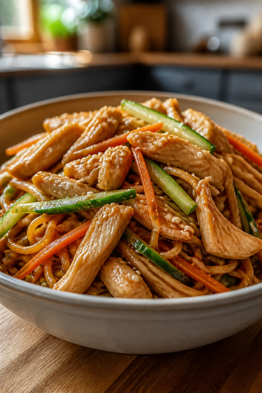 Bowl of sesame noodles with chicken and crisp veggies.