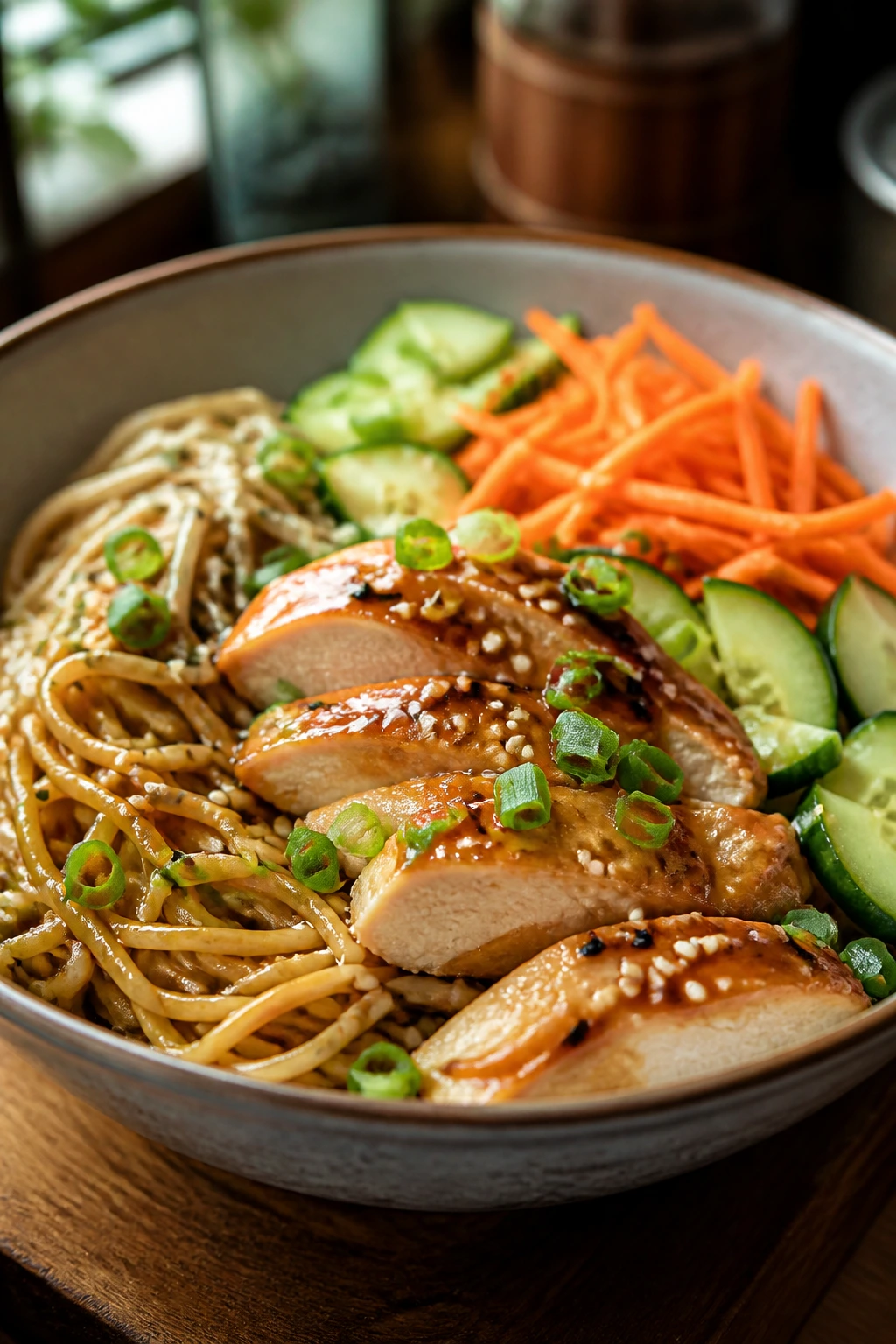 Sesame noodle chicken bowl with colorful toppings