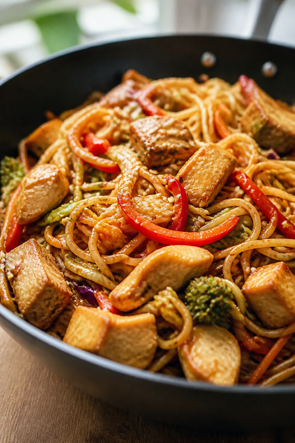 Close-up of sesame noodle stir-fry with chicken or tofu