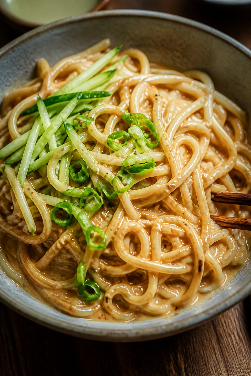 Close-up of sesame cold noodles with cucumber and scallions in a glossy sesame sauce.