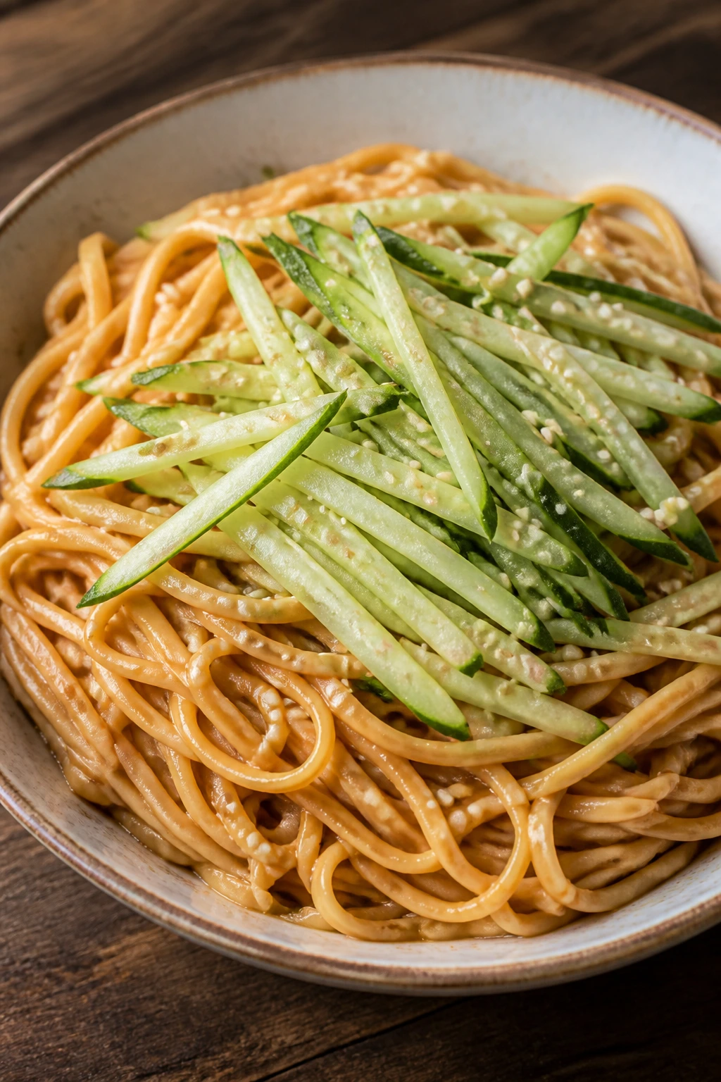 Close-up of glossy sesame peanut noodles with cucumber on a wooden table