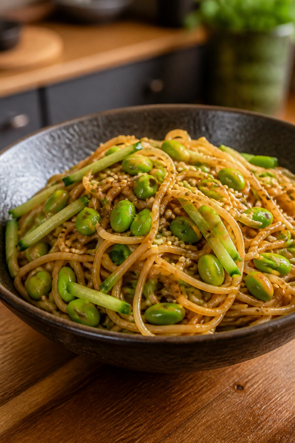 Sesame noodles with edamame in a glossy sauce in a bowl