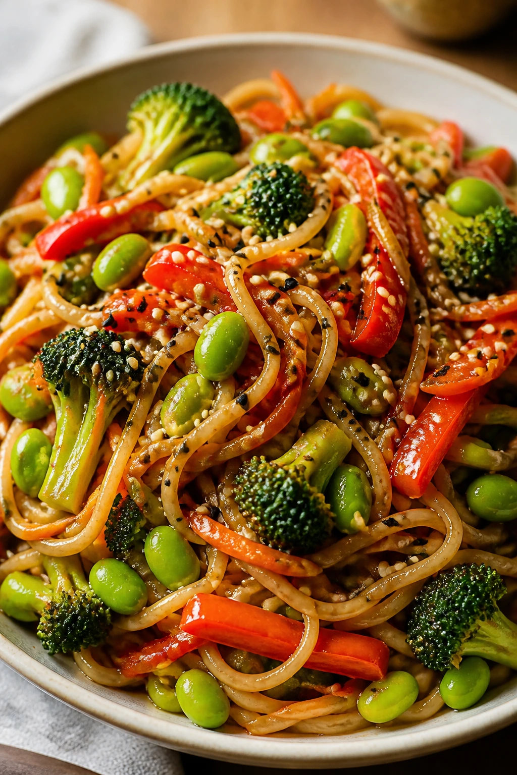 Close-up of sesame noodle stir-fry with edamame in a bowl
