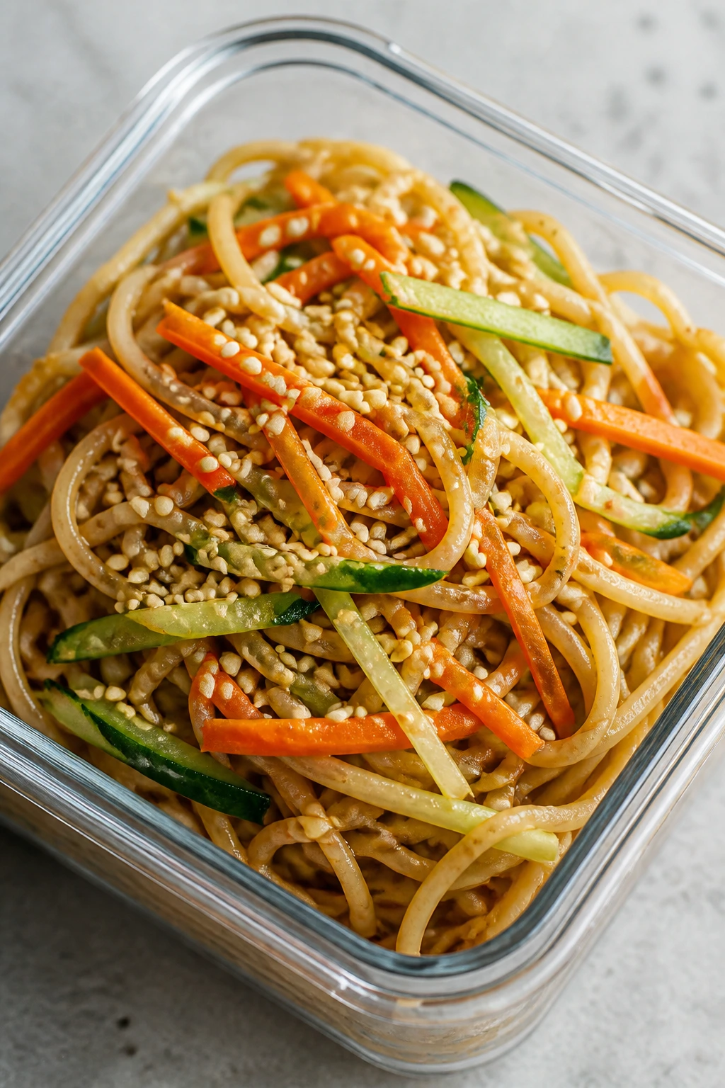 Sesame noodles in a lunch box with cucumber and carrot