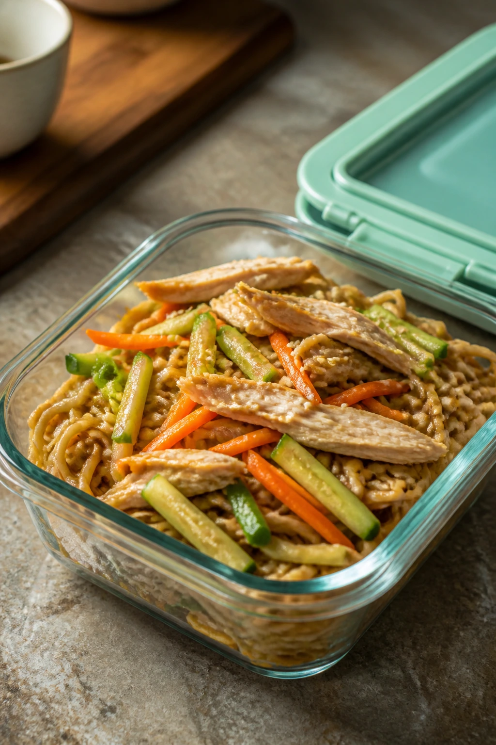 Open lunchbox with sesame noodles, carrots, and cucumber