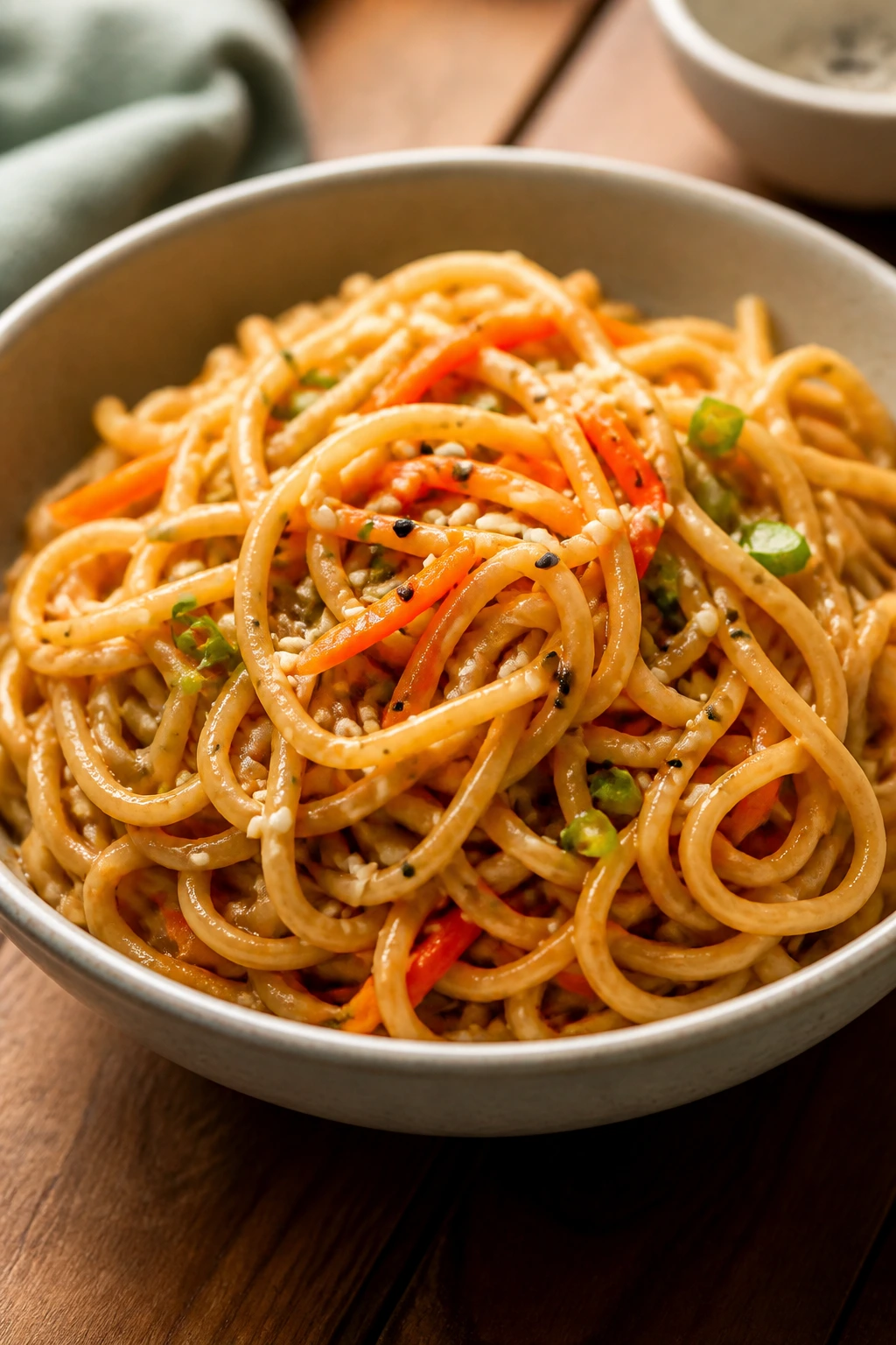 Glossy sesame noodles with peanut butter in a bowl on a wooden table