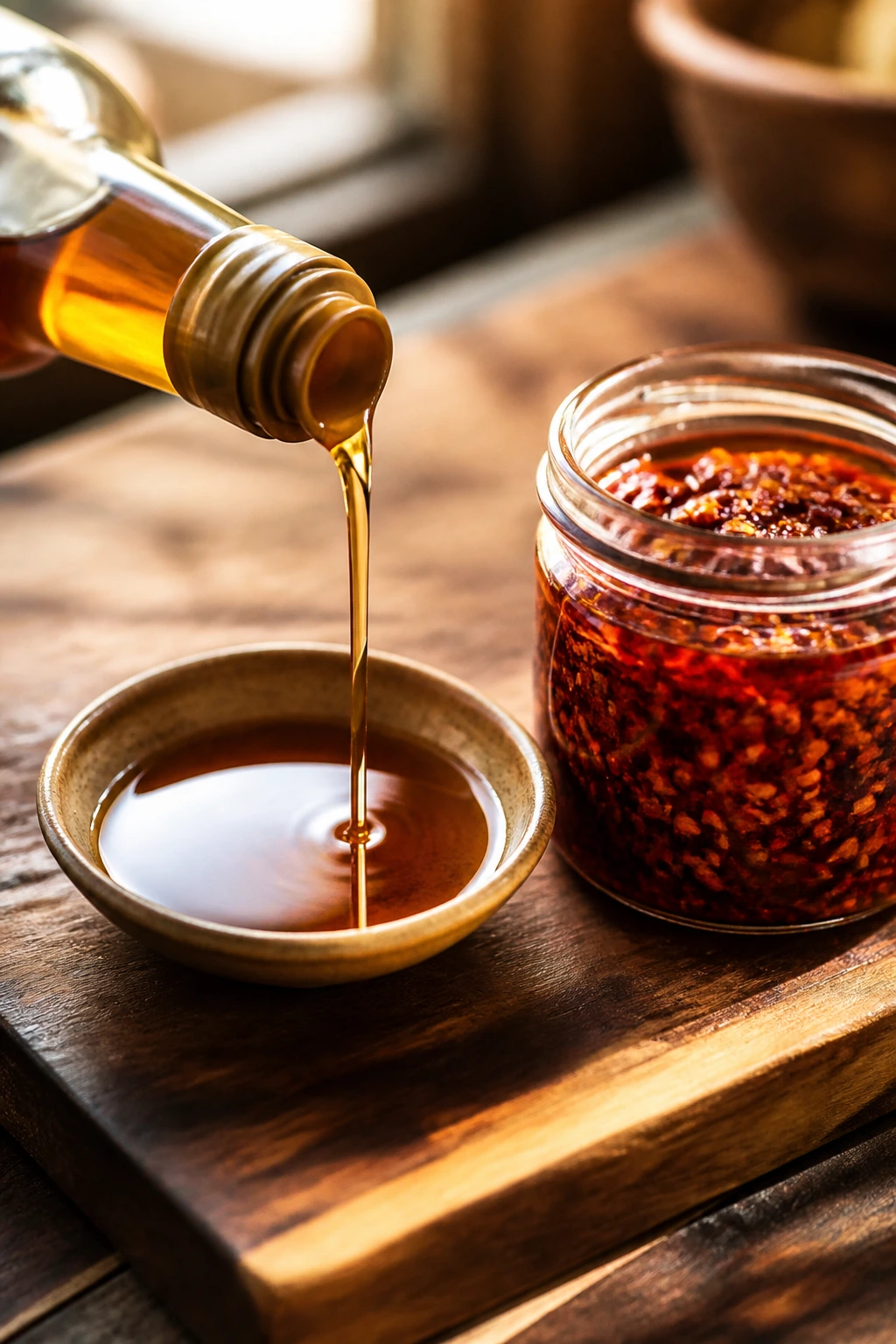Close-up of sesame oil and chili crisp for flavor boosters
