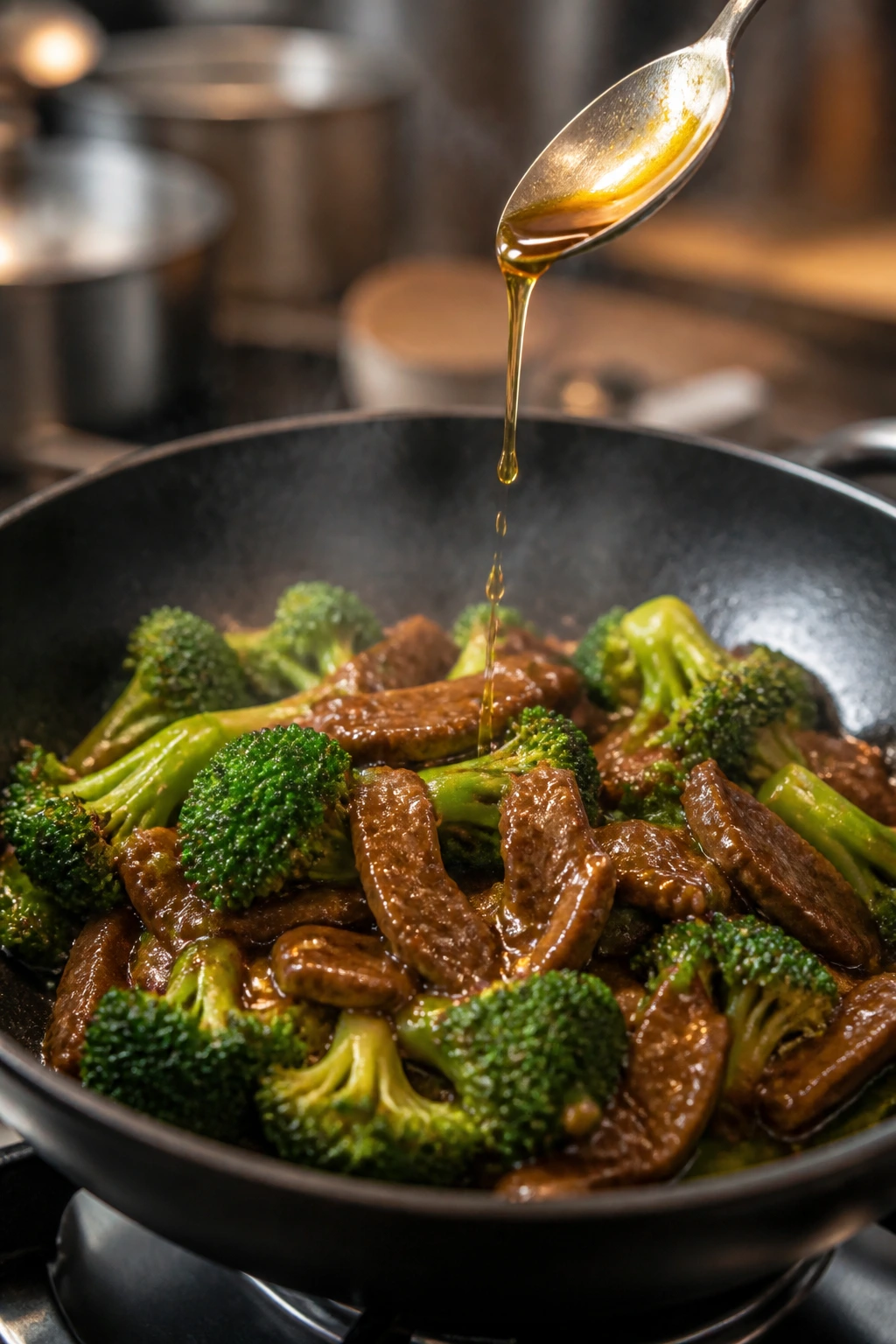 Beef broccoli with sesame oil drizzle finishing touch