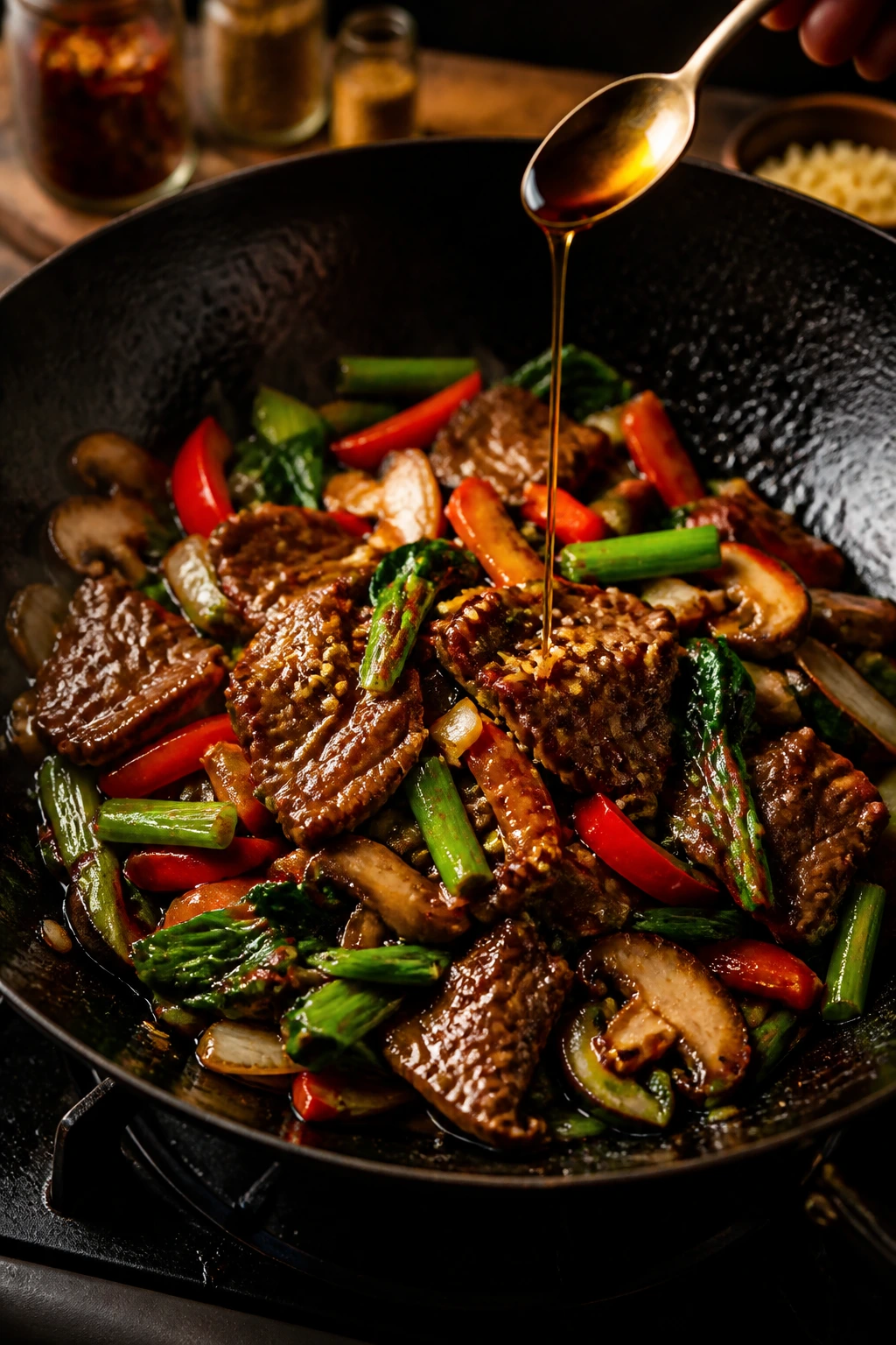 Drizzle of sesame oil over glossy stir-fry in a pan