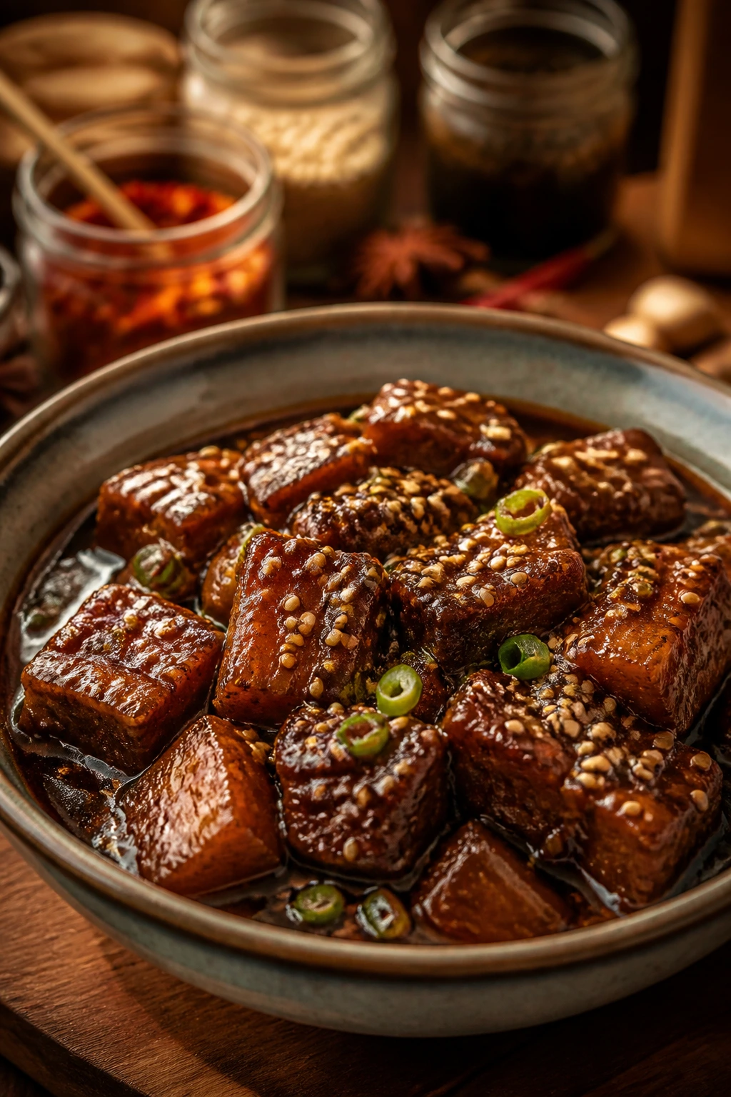 Glossy braised dish topped with sesame seeds and a light sesame oil drizzle in a deep bowl.