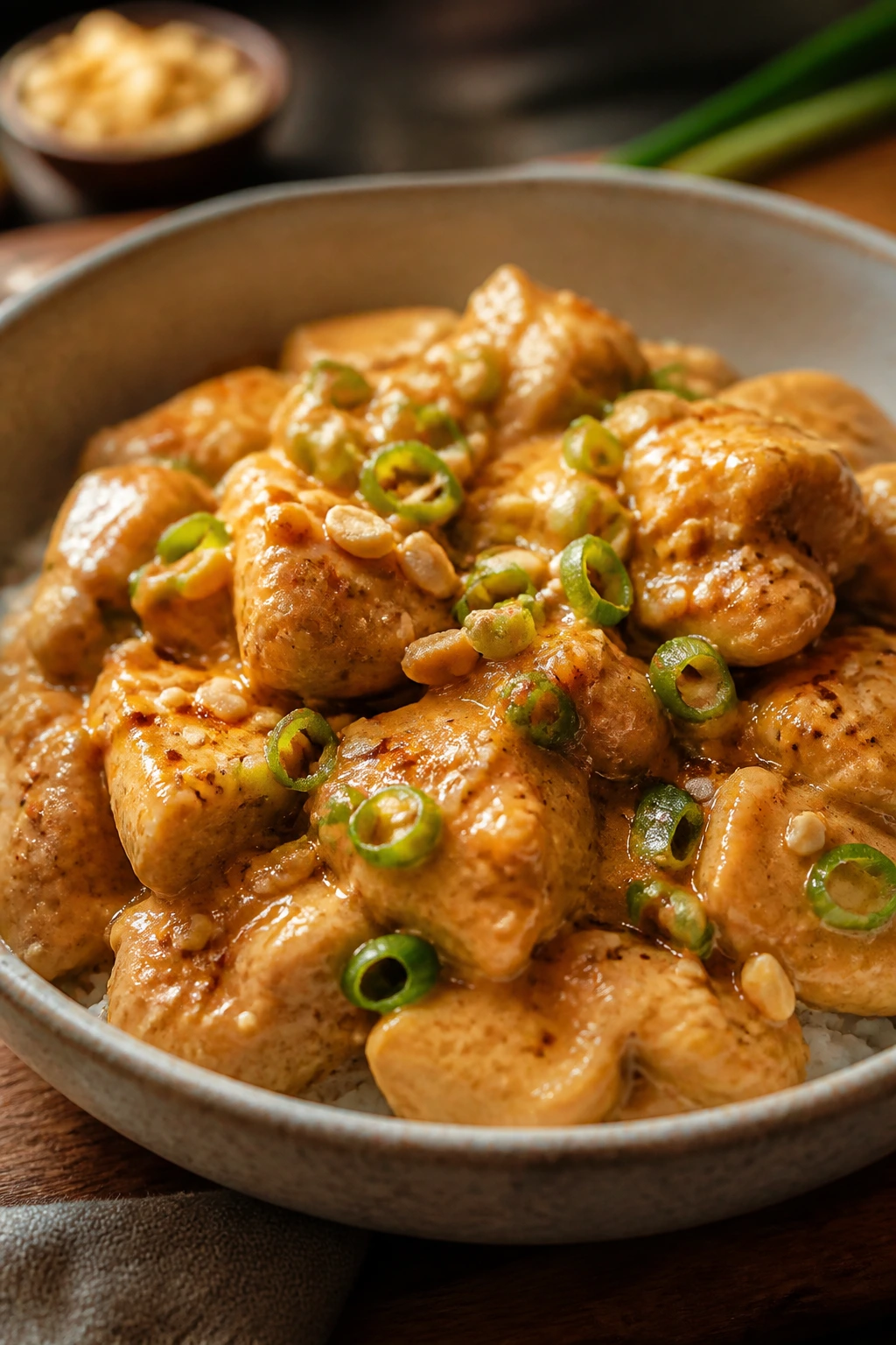 Close-up of peanut chicken with sesame oil sheen and peanuts on top in a bowl