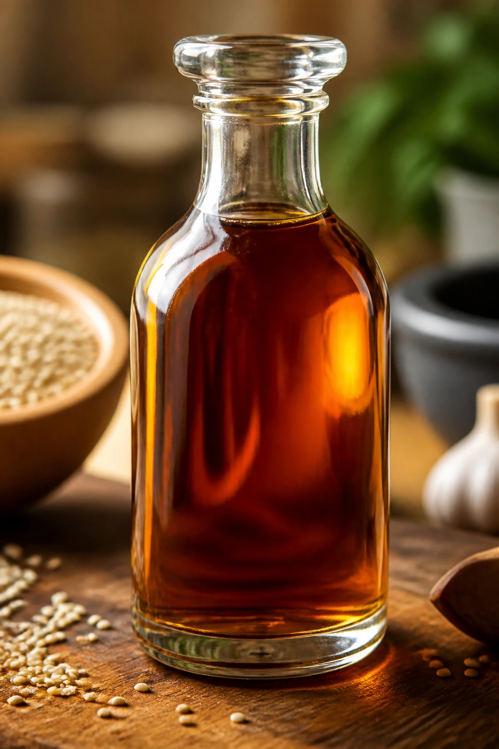 Unlabelled glass bottle of toasted sesame oil on kitchen counter