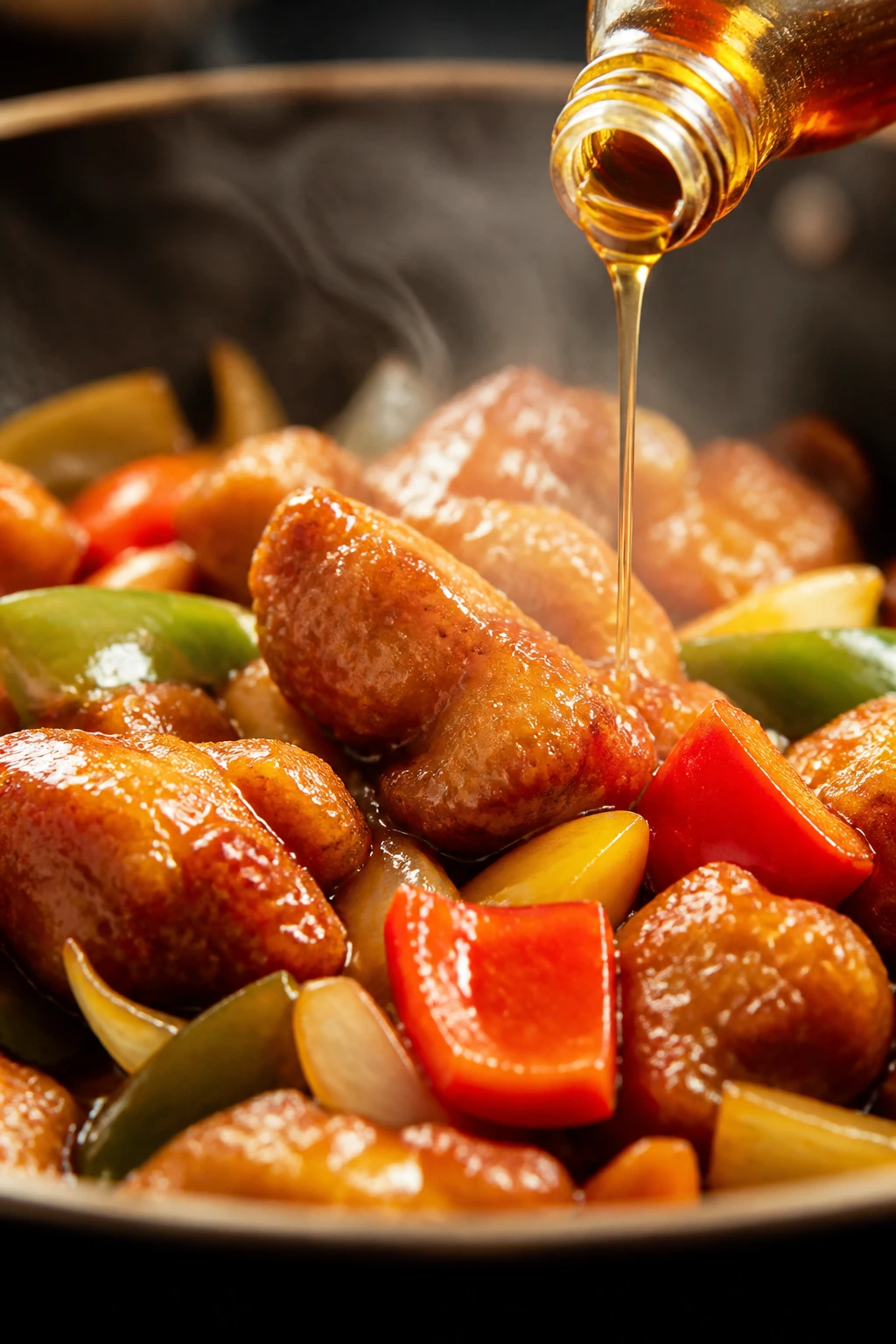 Macro shot of sesame oil drizzle finishing a glossy sauce