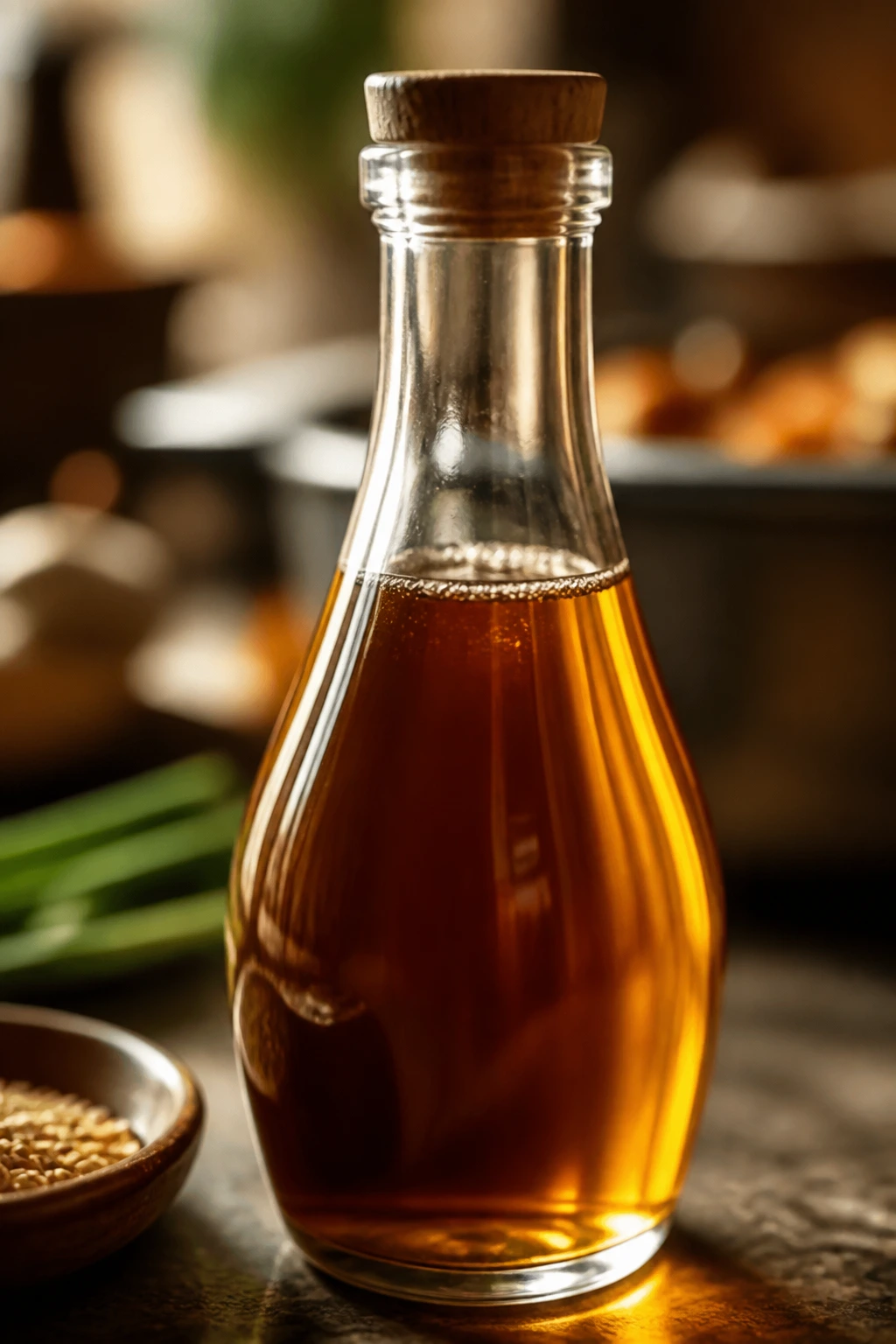 Toasted sesame oil bottle on a kitchen counter