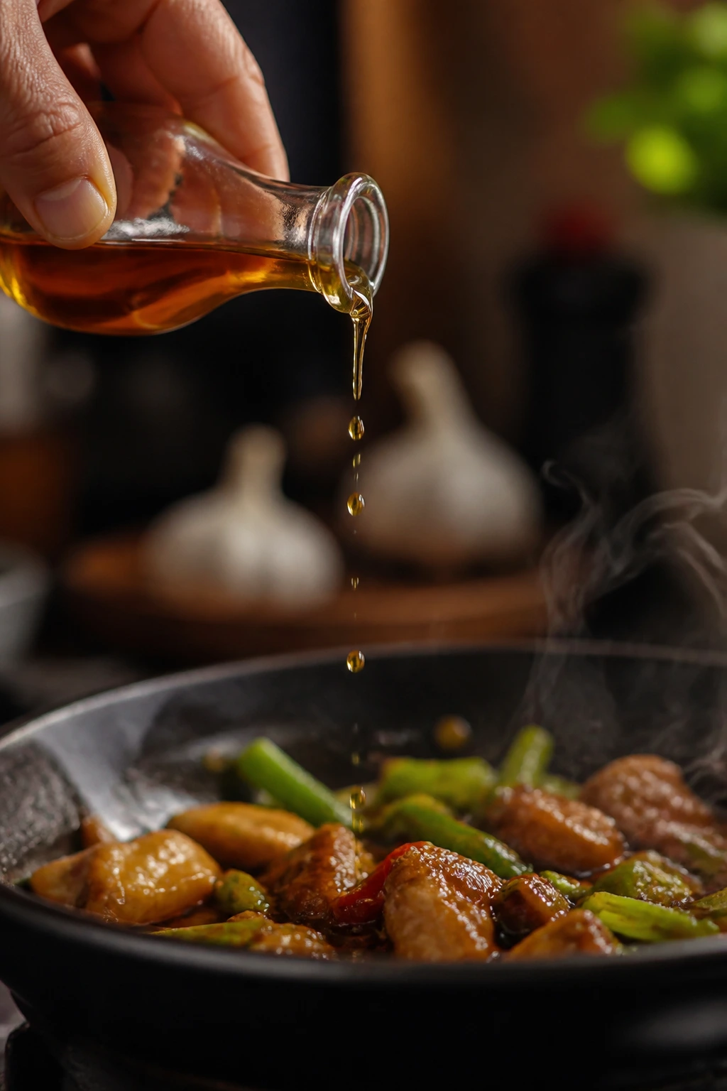 Hand pouring sesame oil onto a hot pan in a kitchen