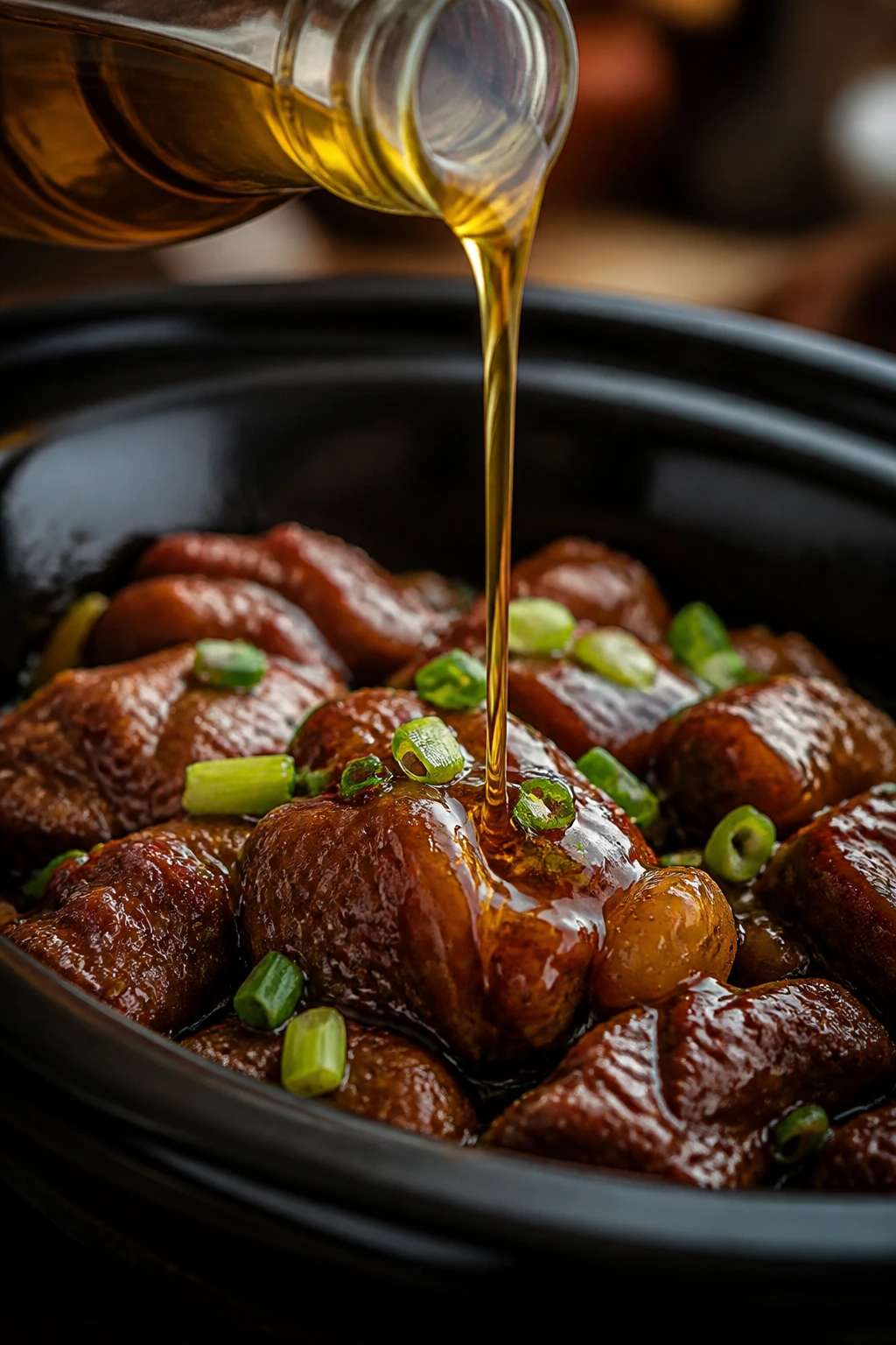 Golden drizzle of sesame oil over glossy braise