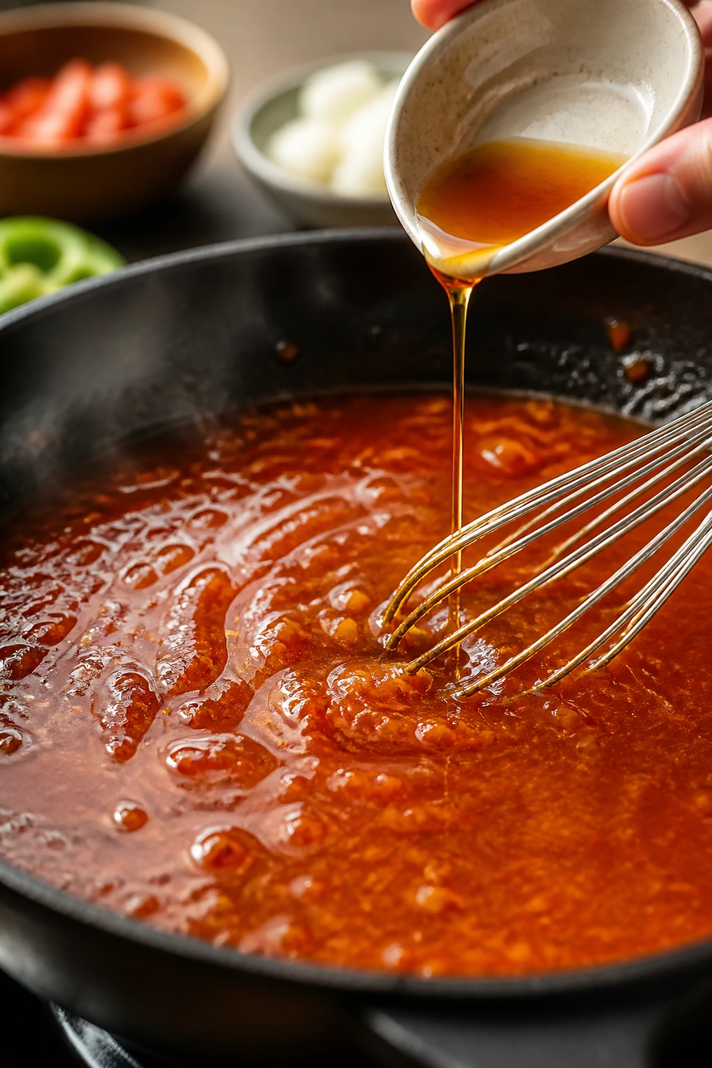Glossy glaze in a skillet with sesame oil ready to be added