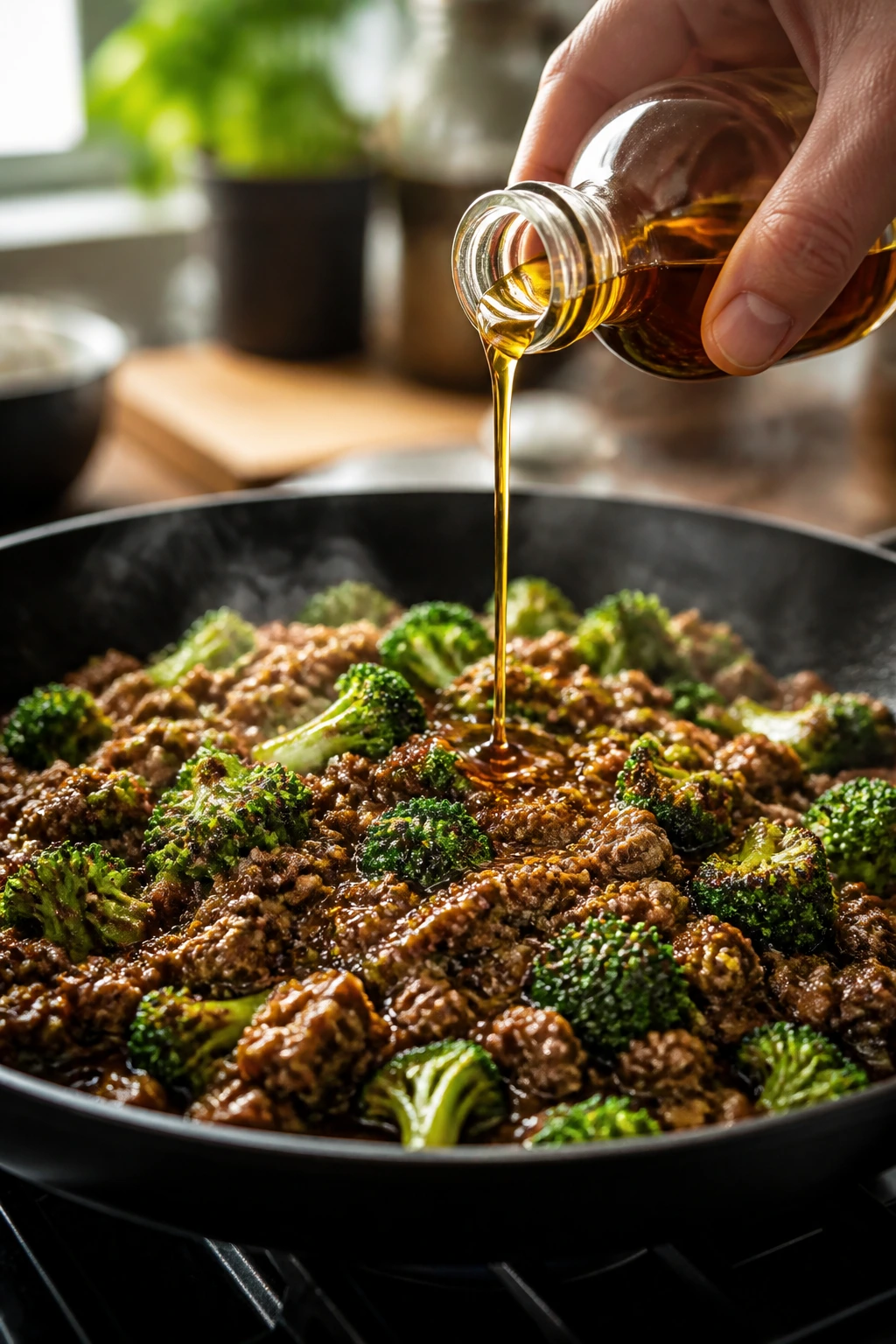 Hand pouring sesame oil into hot skillet, sesame oil adding depth to glossy beef sauce