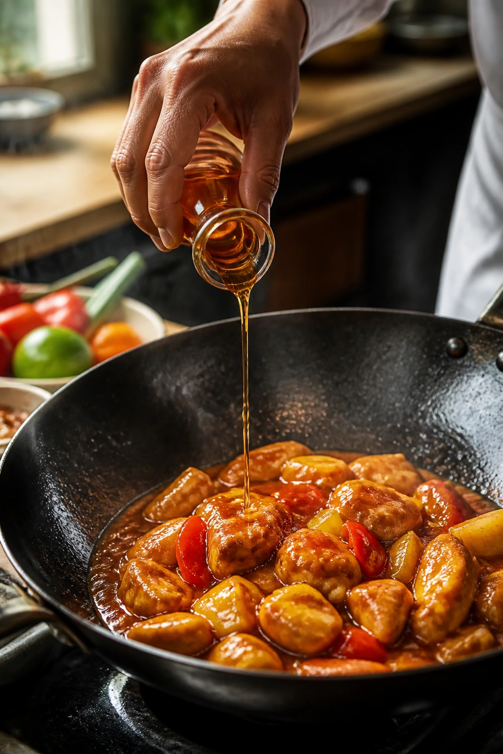 Close-up of sesame oil being added to glossy sauce in a wok