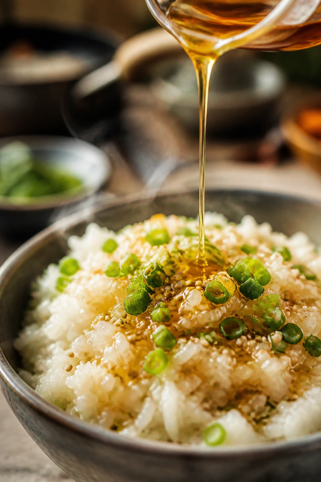 Rice bowl finished with sesame oil, sesame seeds, and scallions