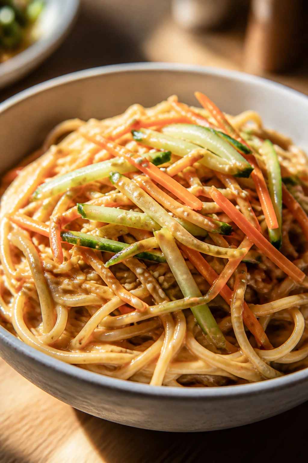 Glossy sesame peanut noodles in a bowl with cucumber and carrot on a wooden table