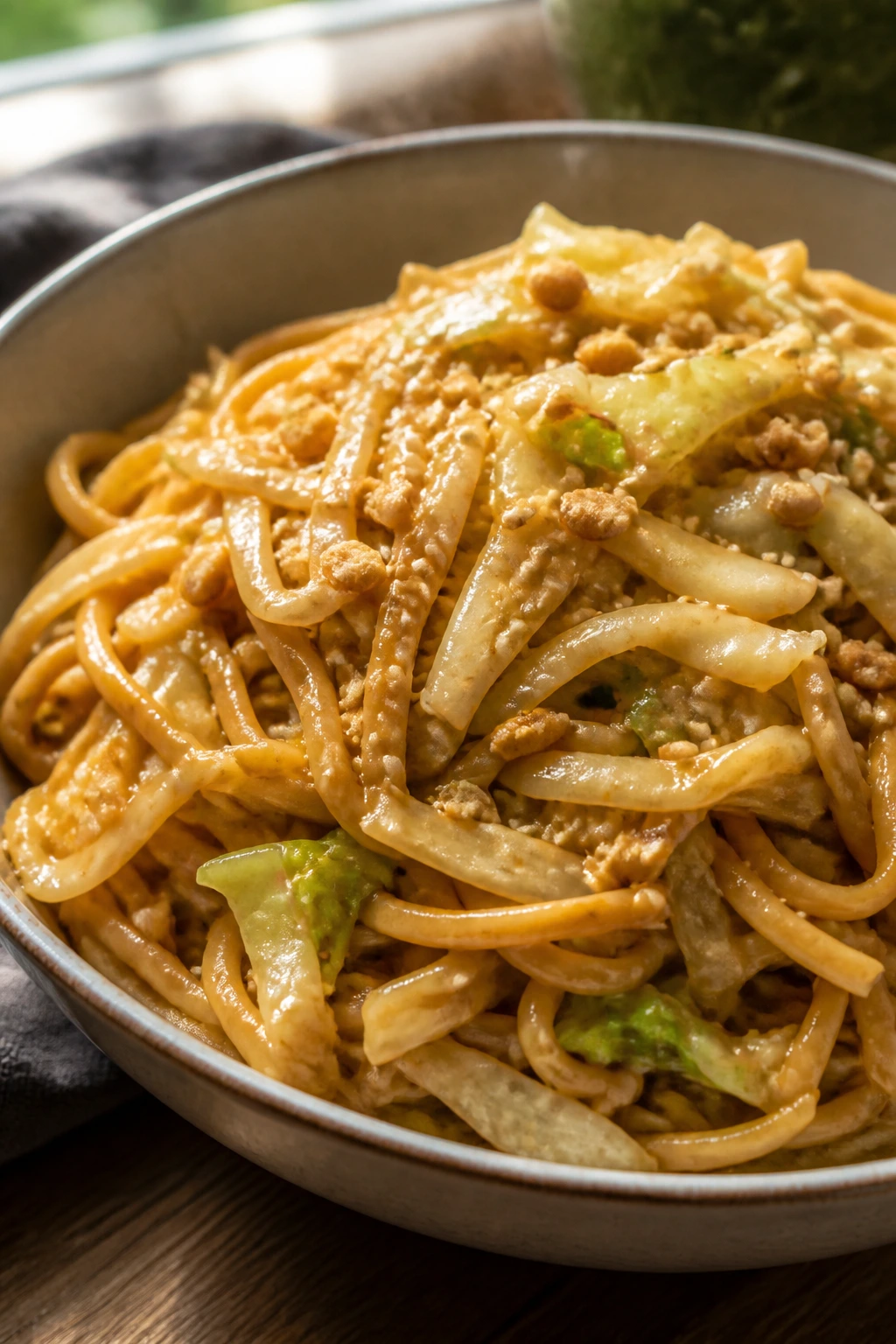 Close-up of sesame peanut noodles with cabbage in a bowl