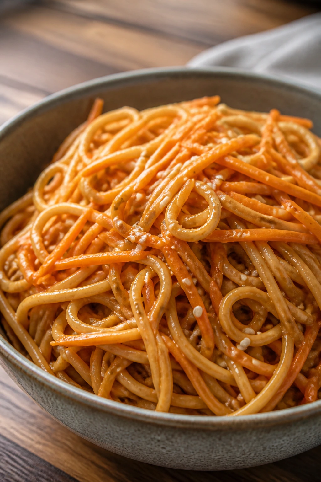 Close-up of sesame peanut noodles with carrots in a bowl