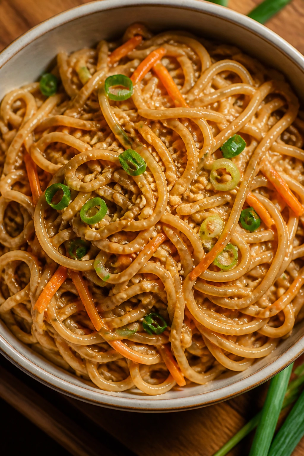 Glossy sesame peanut noodles in a bowl