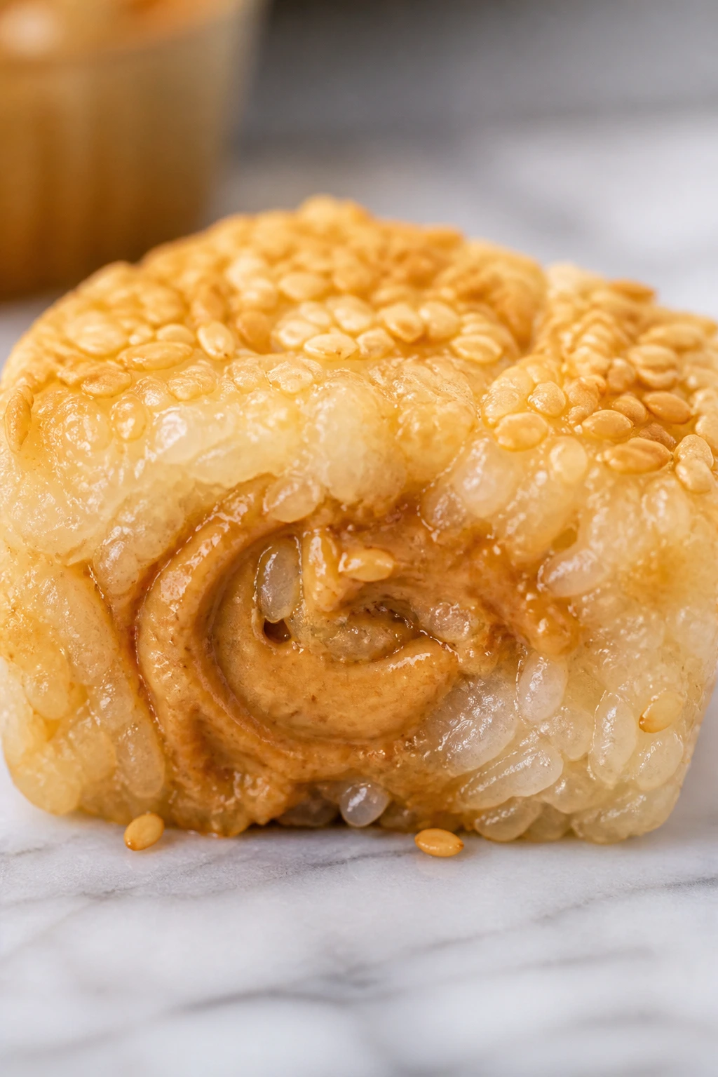 Close-up of sesame peanut sticky rice cup with peanut butter swirl