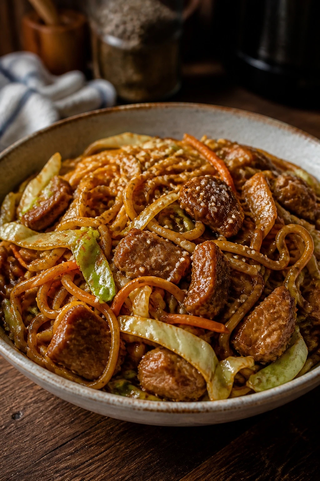 Close-up of Sesame Pork Chow Mein with pork and chow mein noodles