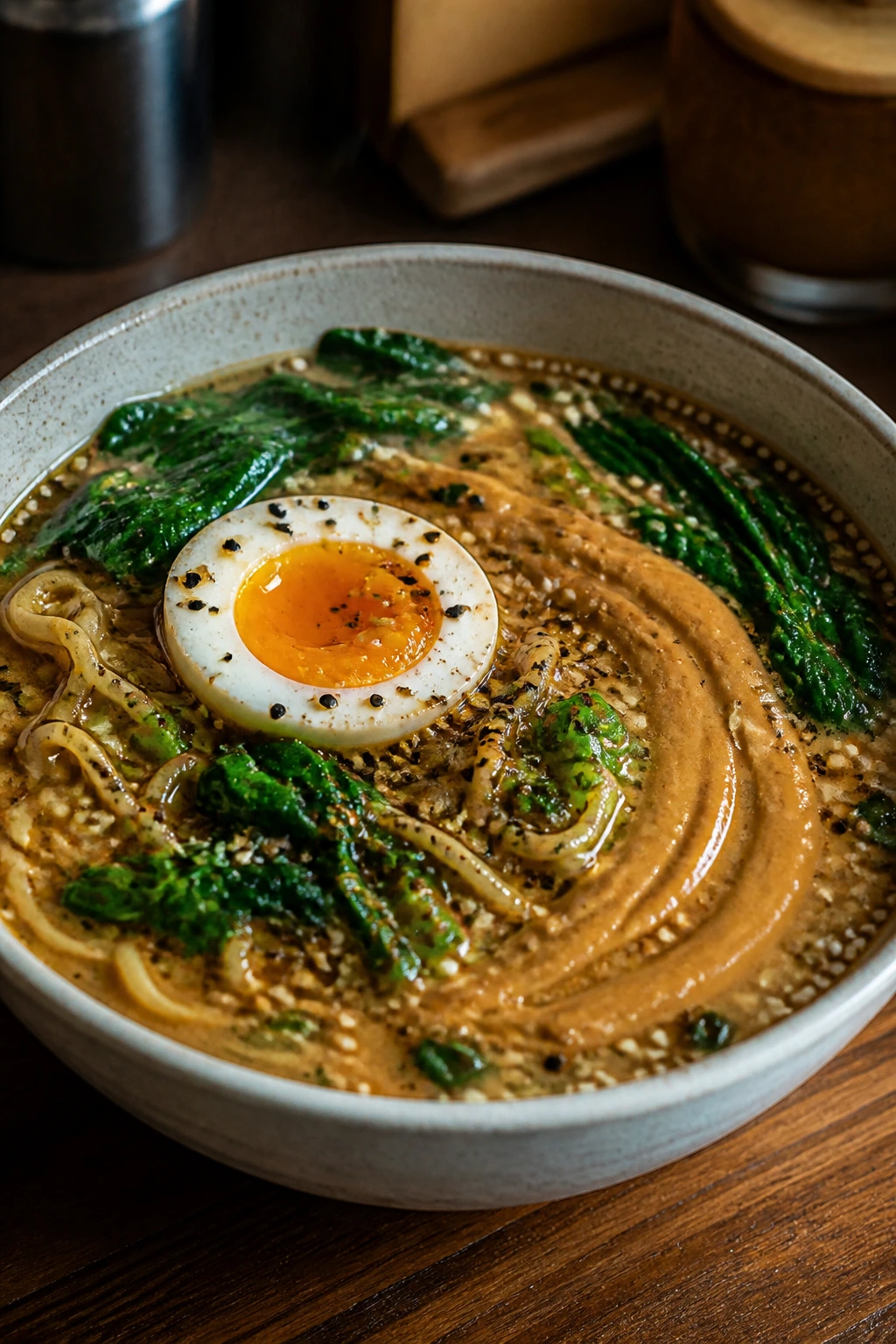 Steaming sesame ramen with greens and a soft egg in a bowl