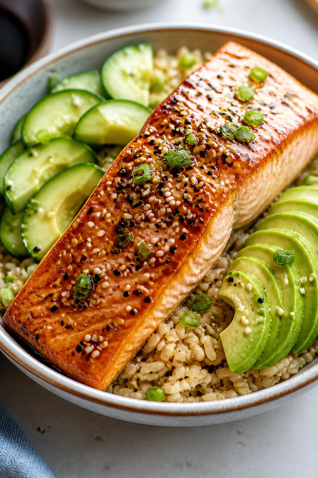 Close-up of sesame salmon rice bowl with cucumber and avocado