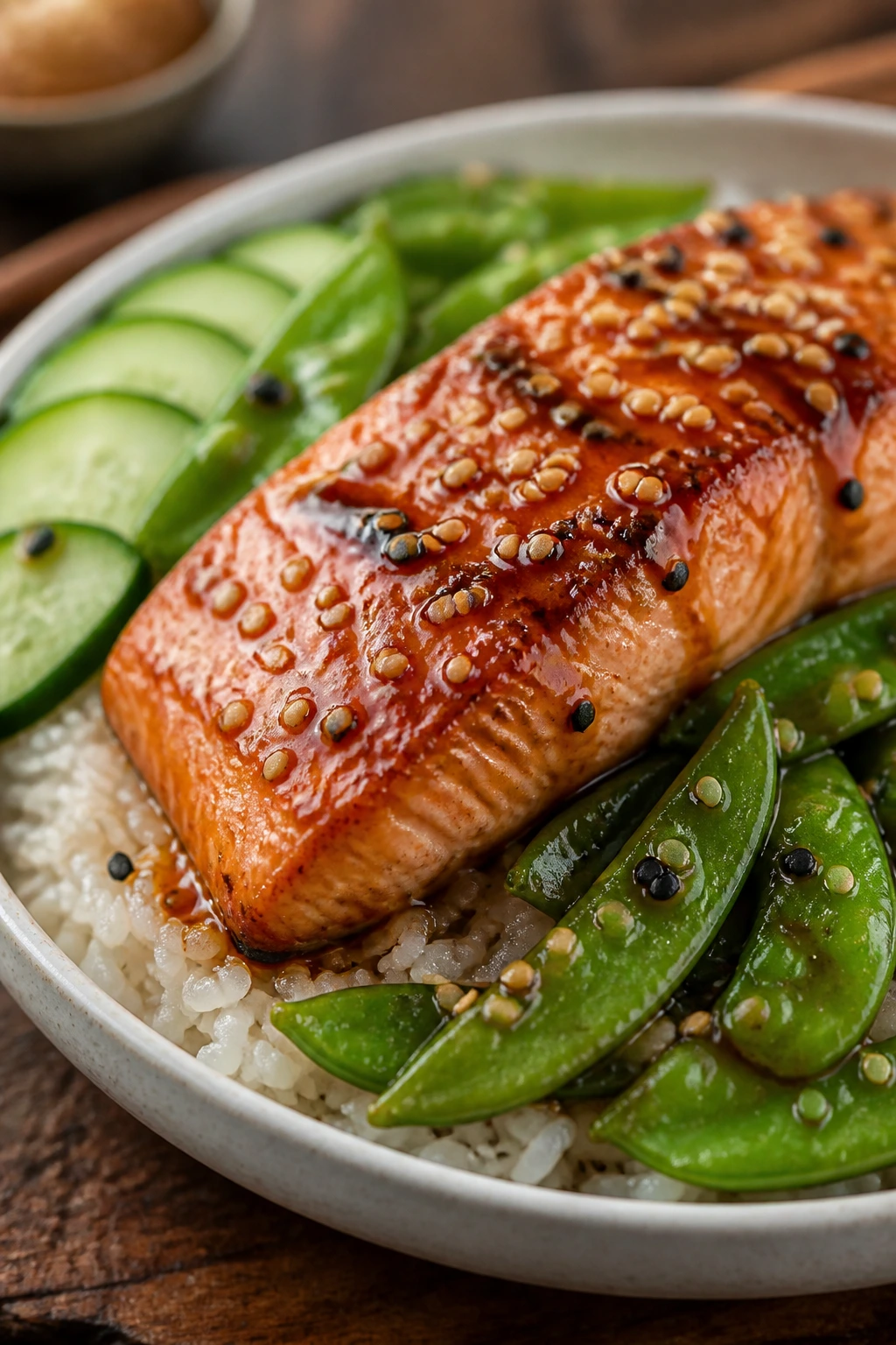 Close-up of sesame salmon rice bowl with snap peas