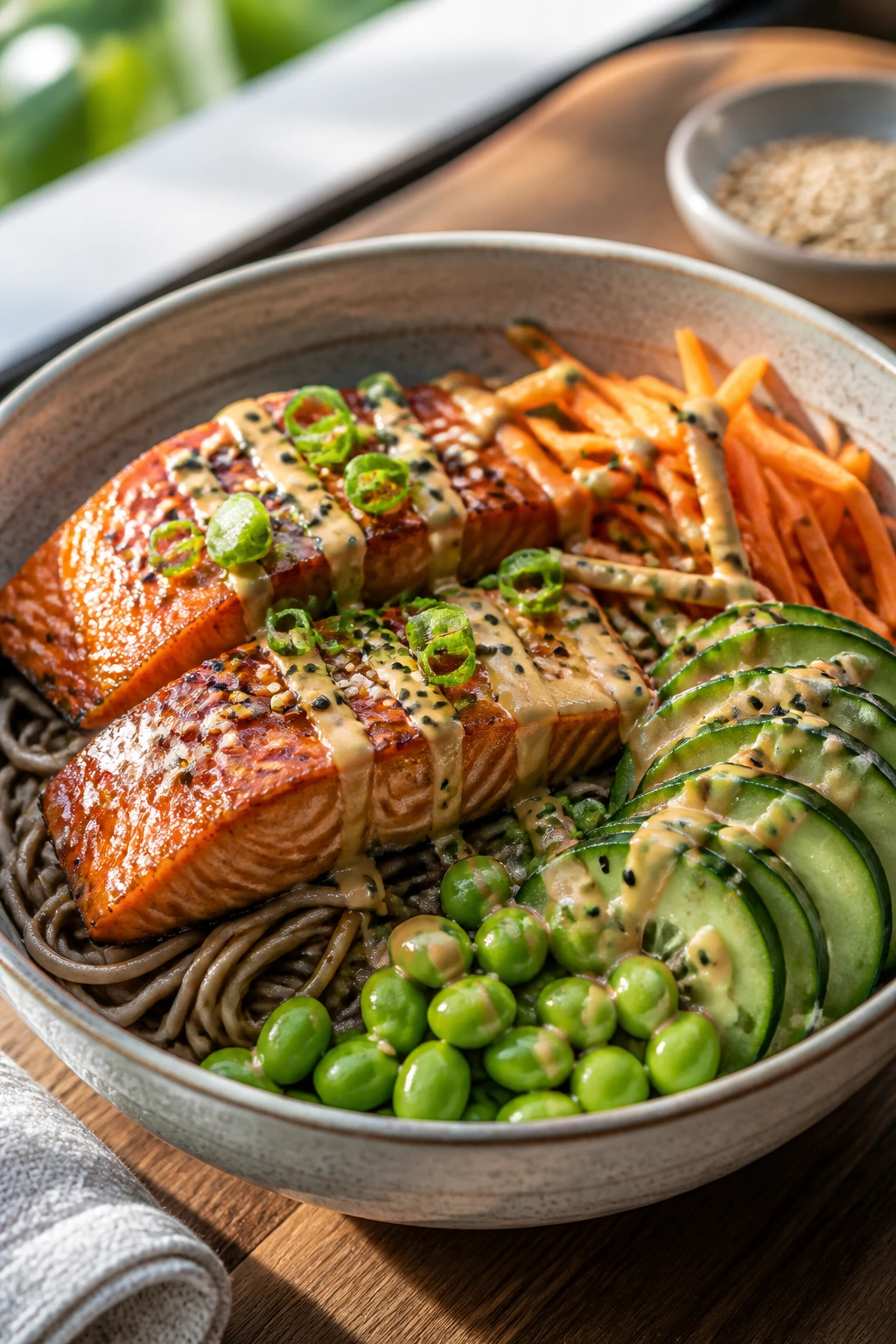 Close-up sesame salmon soba bowl with noodles and vegetables